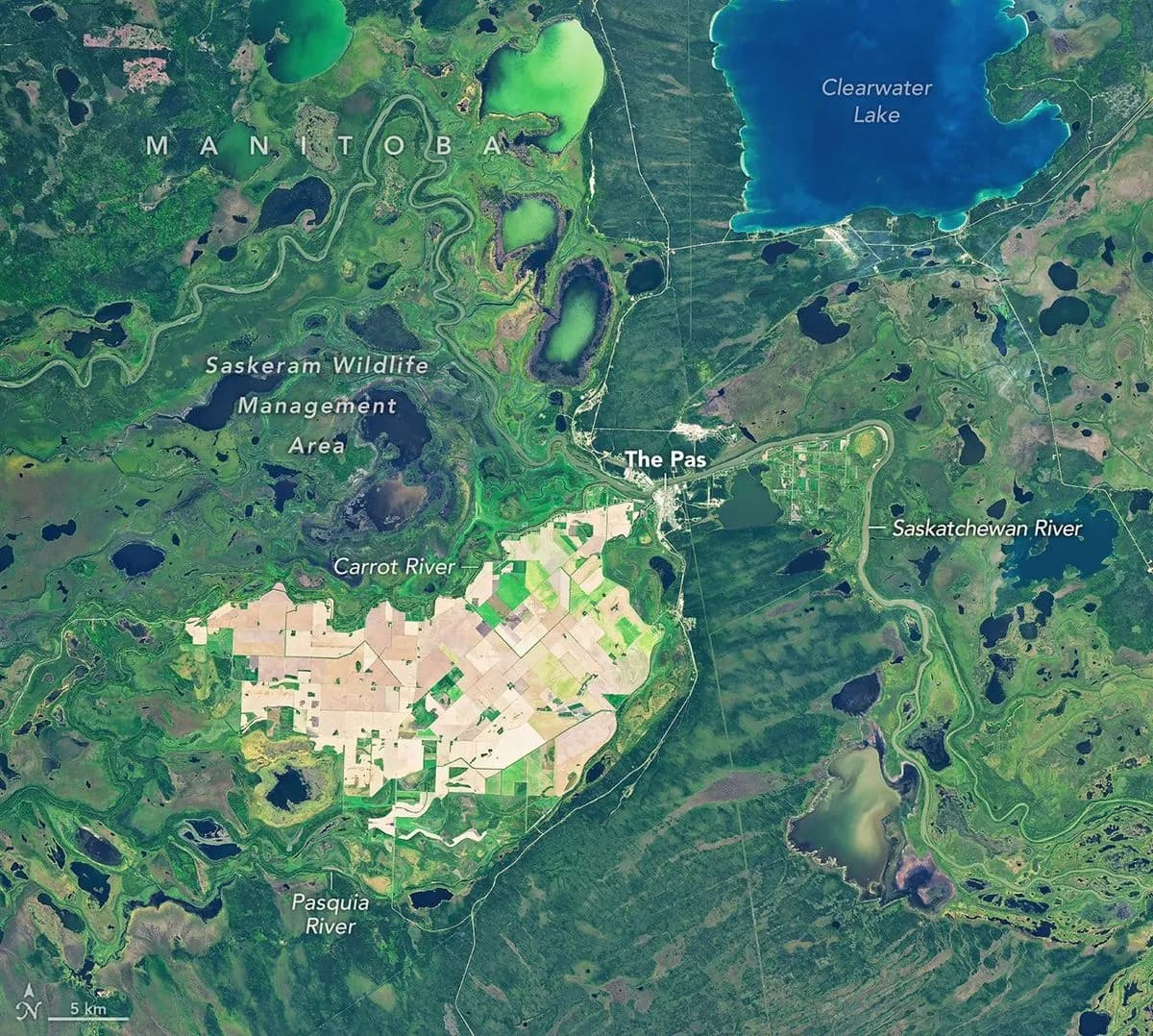 Satellite view of brown farm fields amid wetlands in Manitoba’s Carrot River Valley