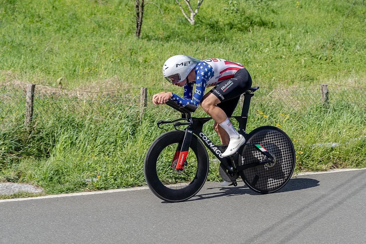 Brandon McNulty cycling in a time trial at the 2024 Tour of the Basque Country