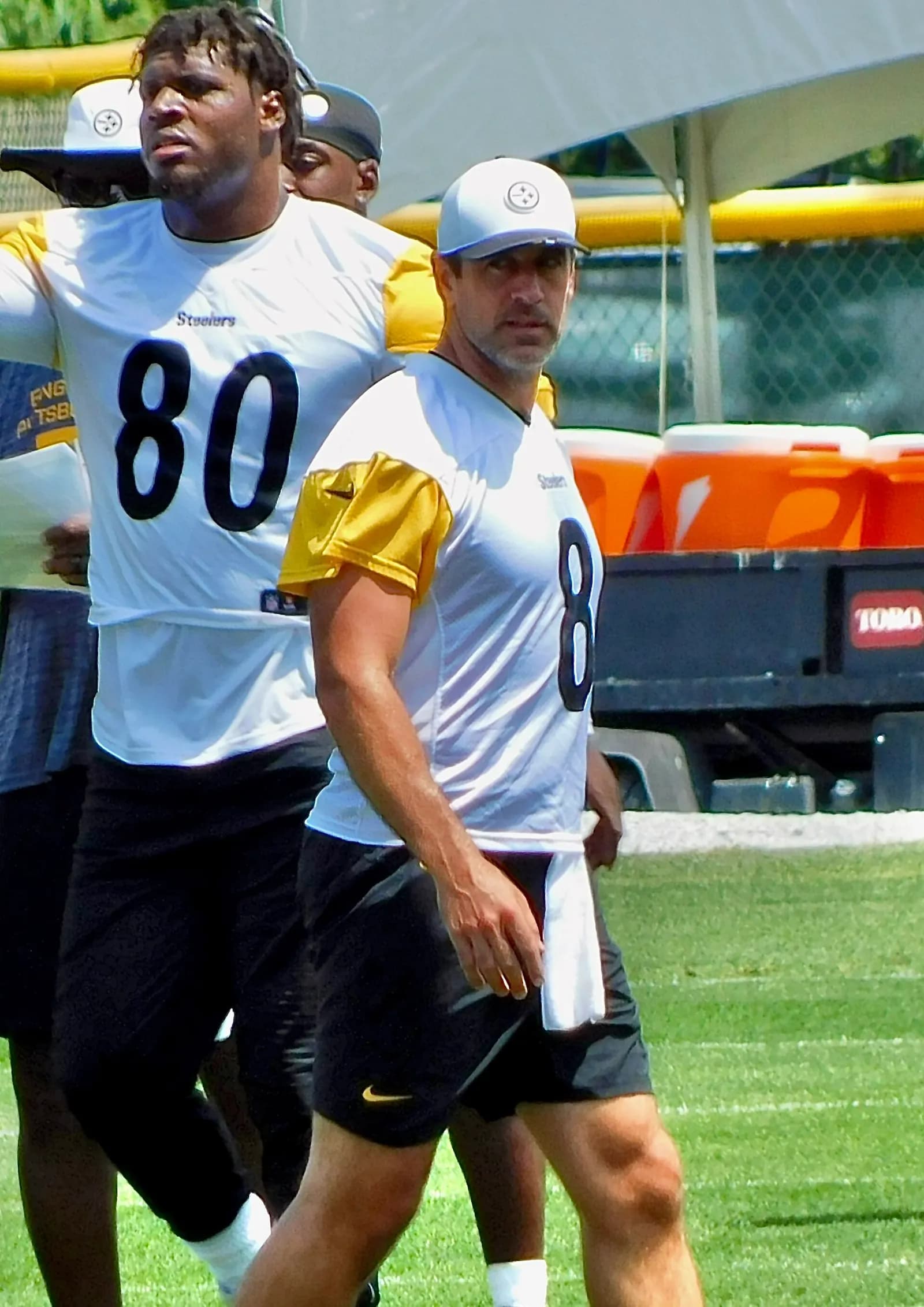 Aaron Rodgers with the Pittsburgh Steelers at training camp in 2025.