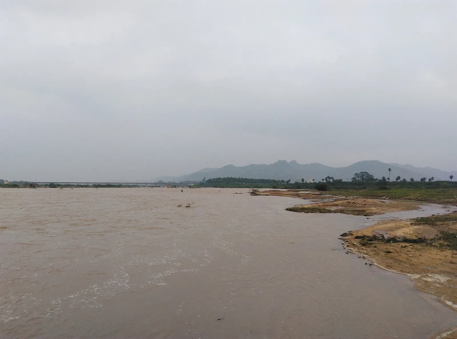 The Palar River in Vellore district, Tamil Nadu, with water flowing in its channel.