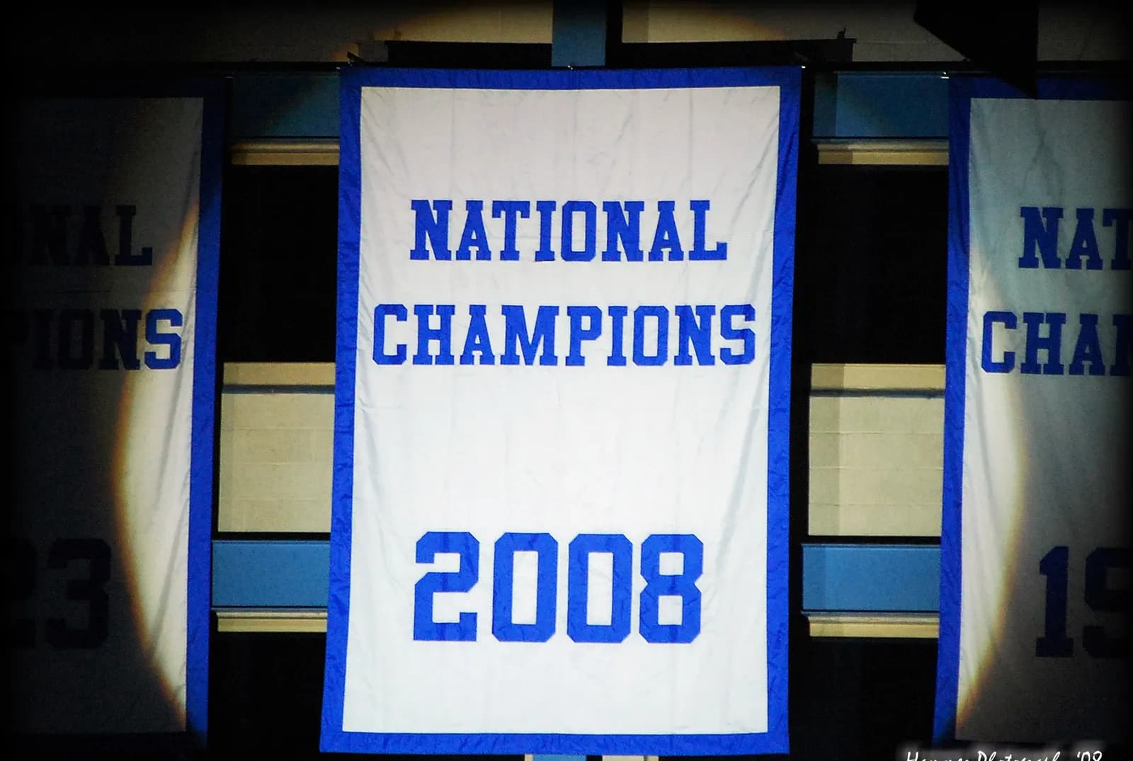 The University of Kansas men's basketball 2008 NCAA championship banner hanging inside Allen Fieldhouse.