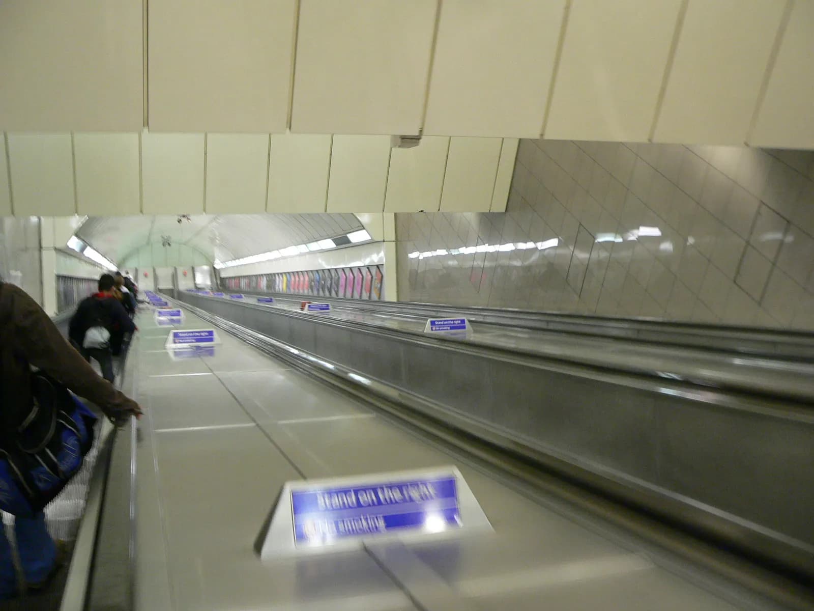 View down the long escalators at Angel Underground station.