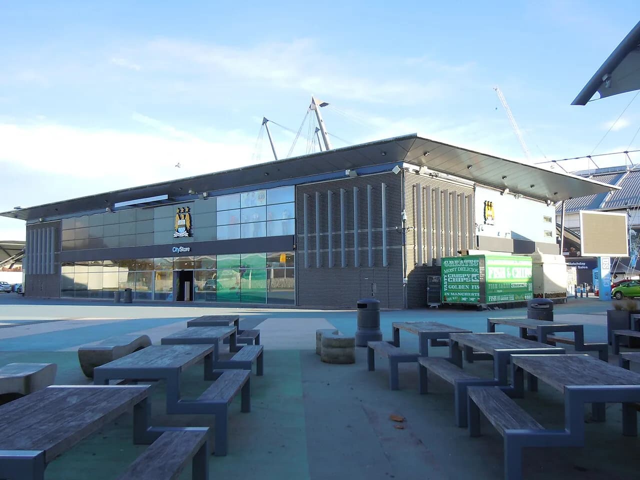 Exterior of the Etihad Stadium and surrounding campus in Manchester