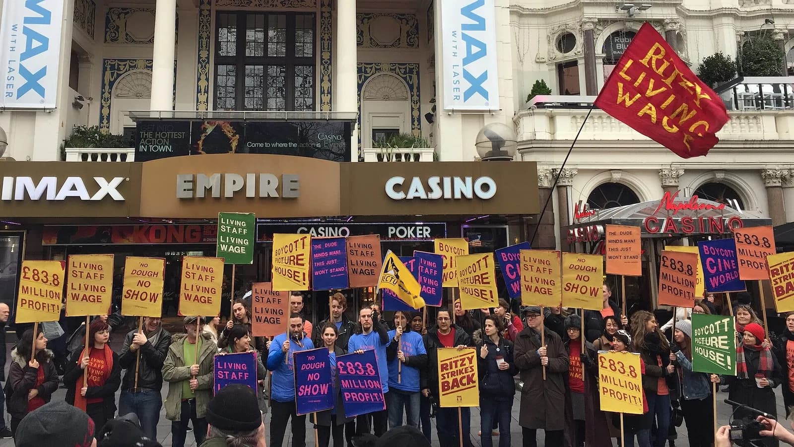 Picturehouse workers demonstrate for the living wage in Leicester Square, London.