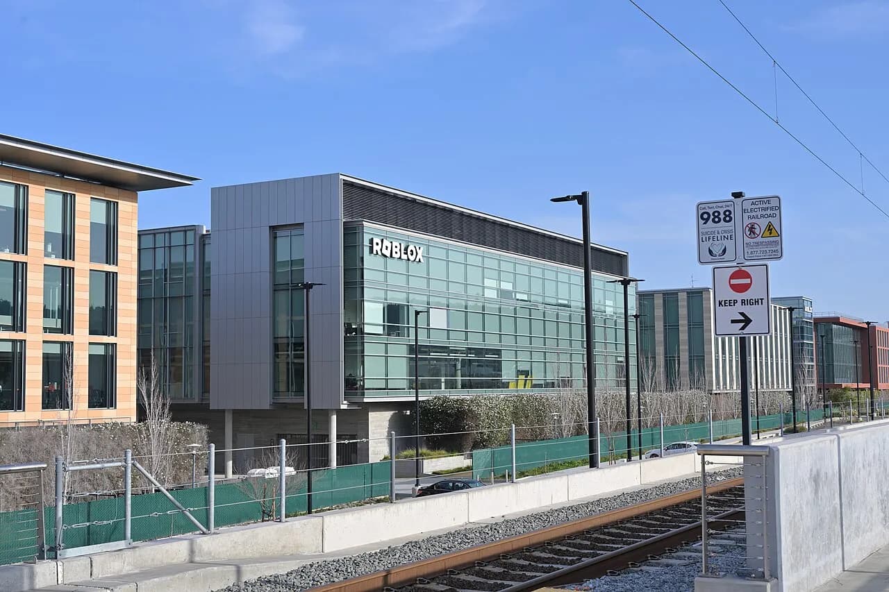 Roblox building in San Mateo, California, photographed from a Caltrain station in January 2026
