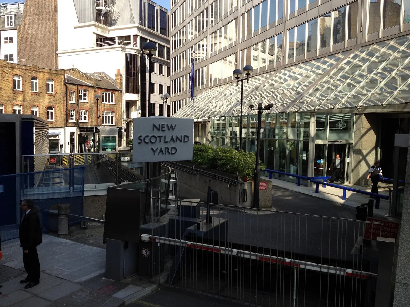 Entrance to the Metropolitan Police Service building at New Scotland Yard in London.