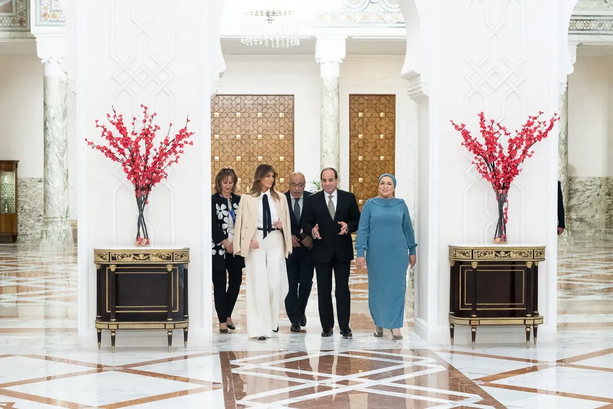 Egyptian President Abdel Fattah El-Sisi and his wife Entissar El-Sisi meet U.S. First Lady Melania Trump at Ittihadiya Palace.