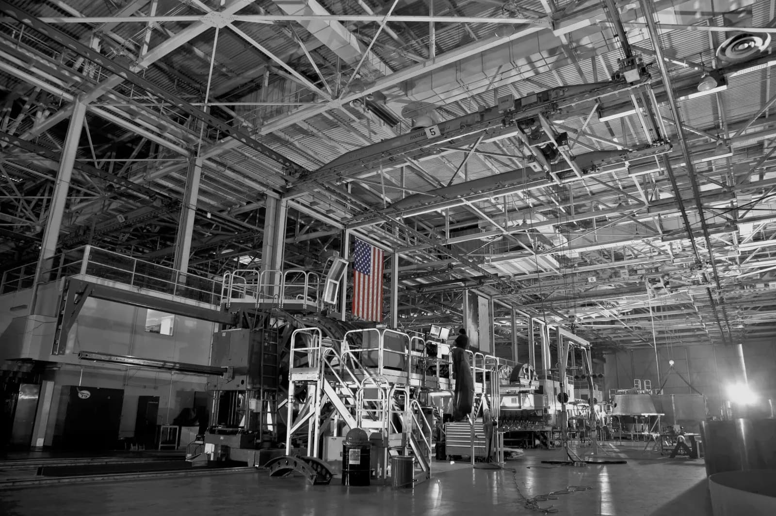 An American flag hangs inside SpaceX headquarters in Hawthorne, California.