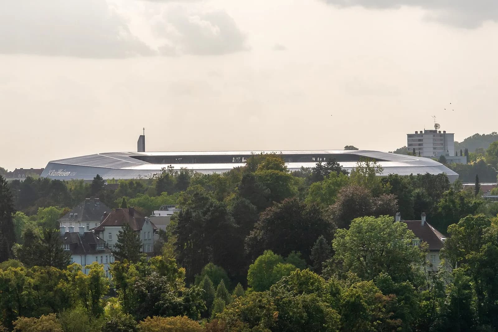 The Raiffeisen Arena in Linz viewed from the tower of Mariendom.