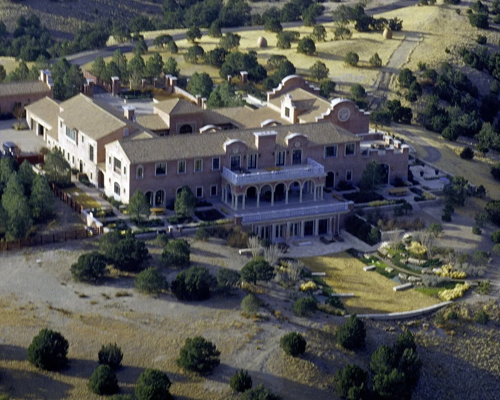 Aerial view of the Zorro Ranch mansion and surrounding grounds in New Mexico.