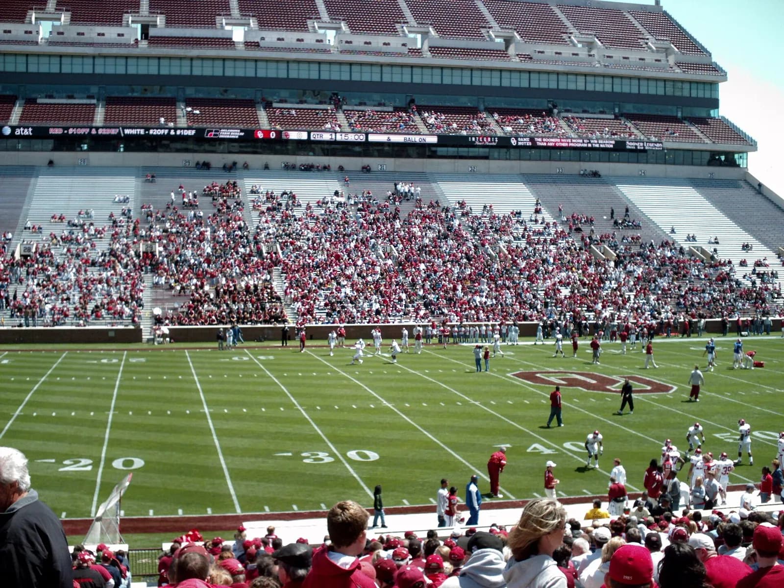 View of Oklahoma Memorial Stadium during a 2008 football game.