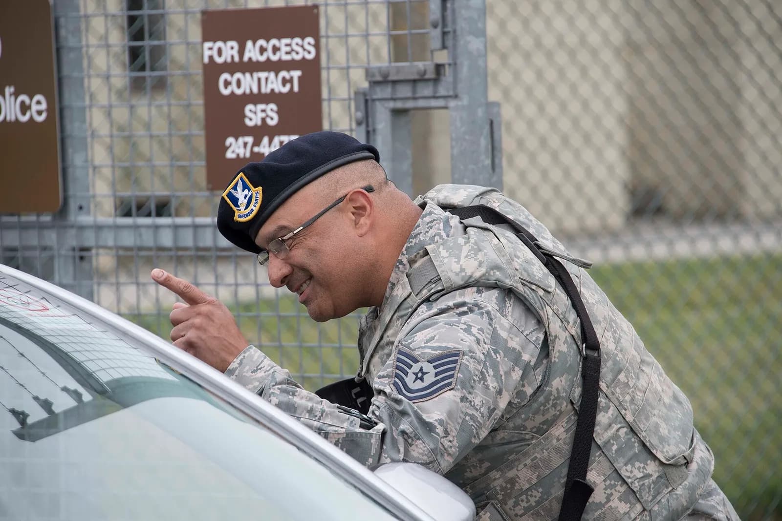 A U.S. Air Force security specialist monitors the entrance to the flight line at RAF Fairford.