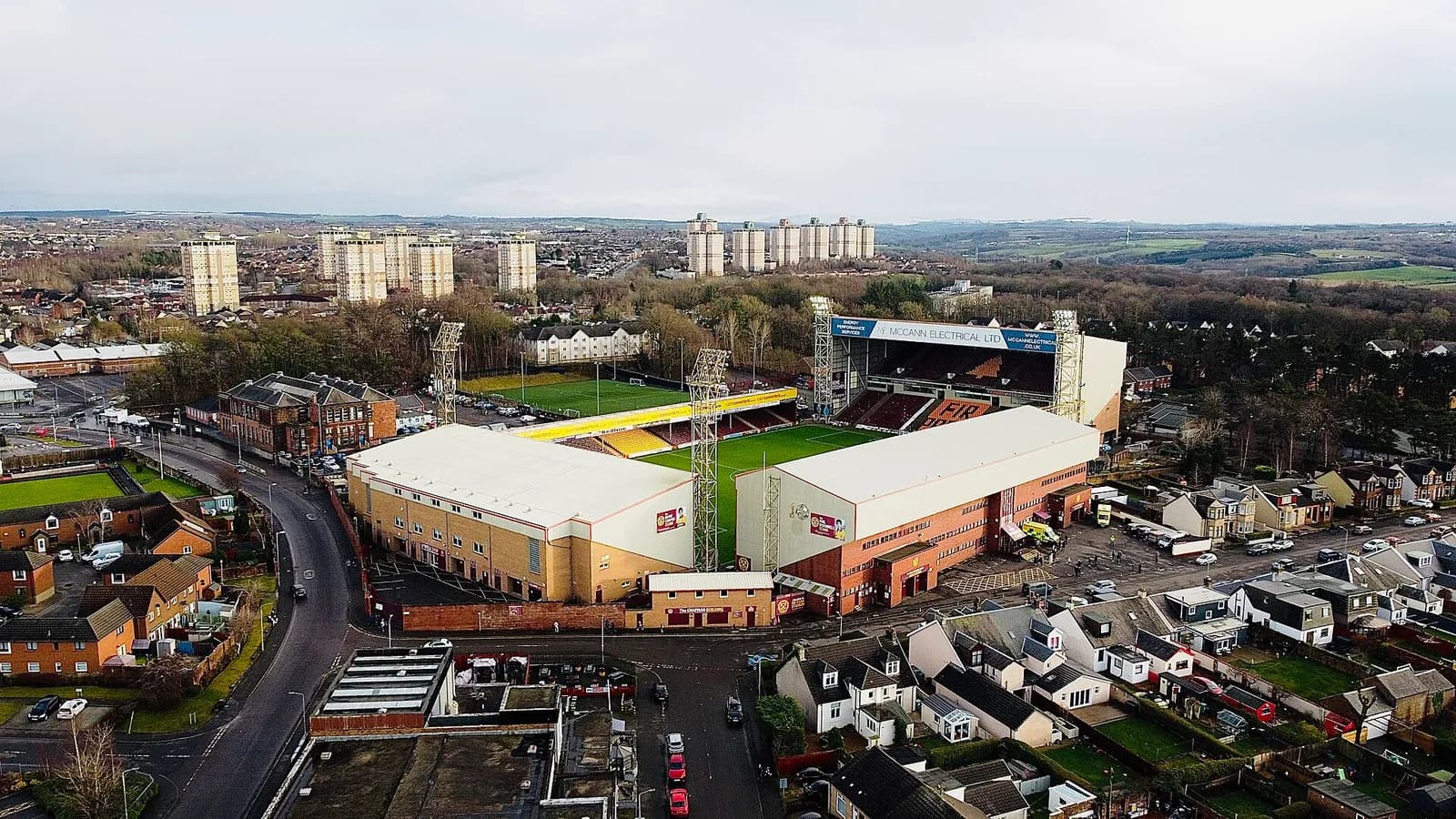 Aerial view of Fir Park stadium in Motherwell, Scotland.