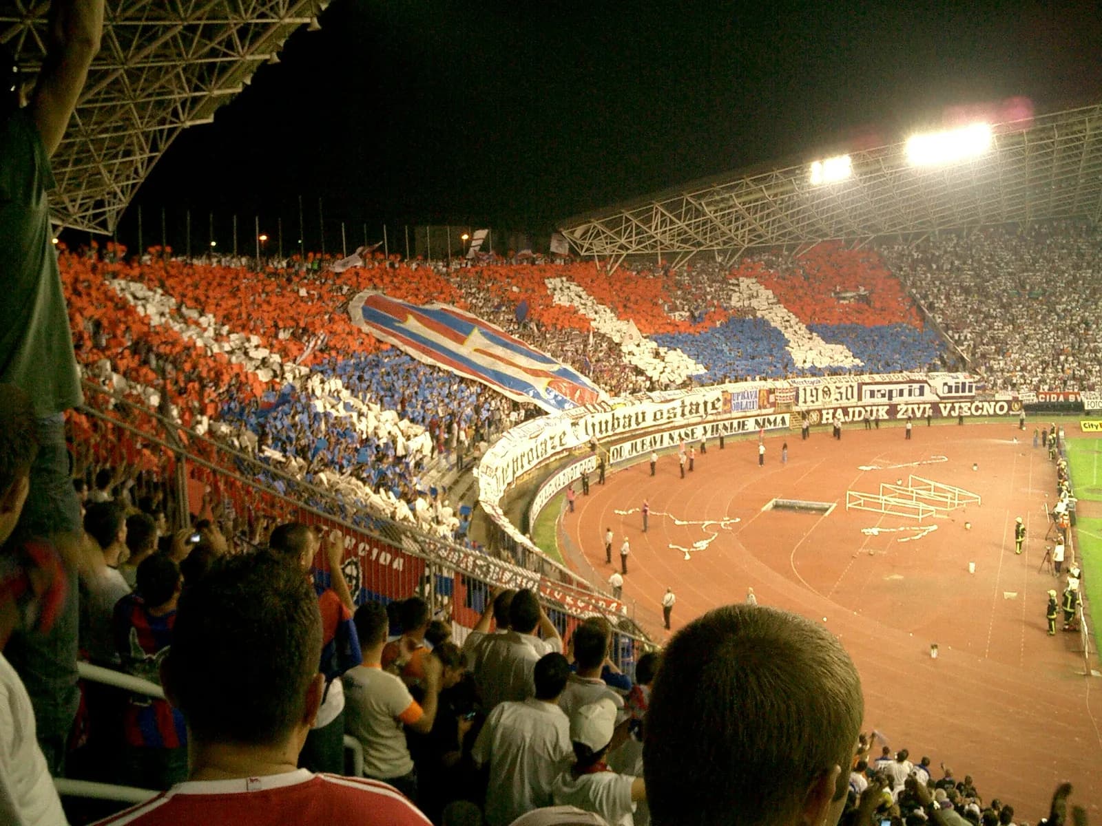 Torcida supporters decorate the north stand at Poljud during a Hajduk Split–Dinamo Zagreb derby.