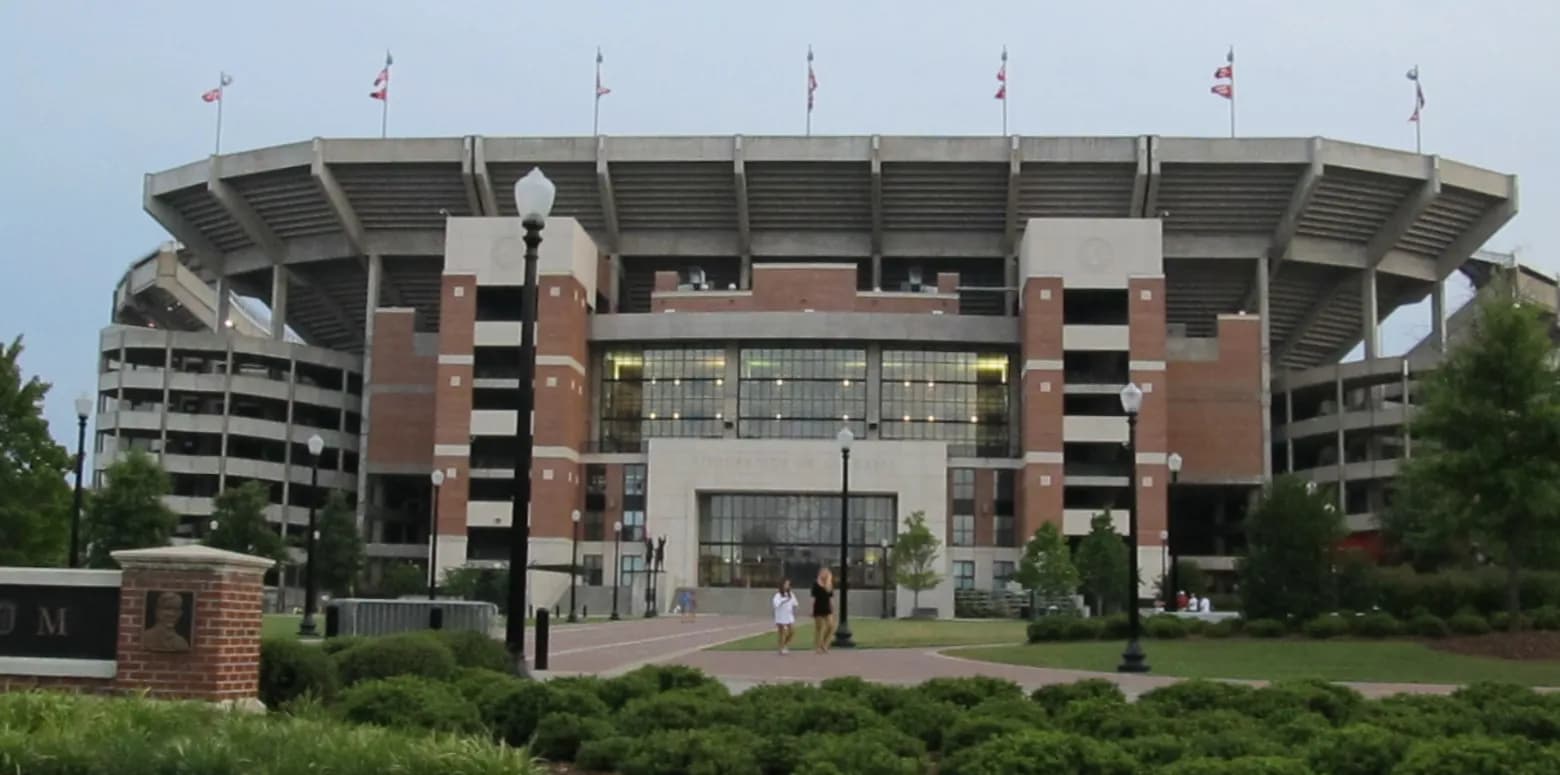 Exterior view of Bryant-Denny Stadium in Tuscaloosa, Alabama.