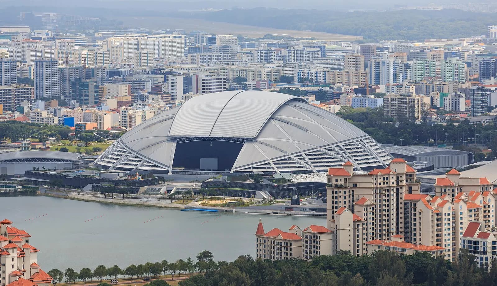 Singapore Sports Hub and National Stadium viewed from the Marina Bay Sands observation deck.