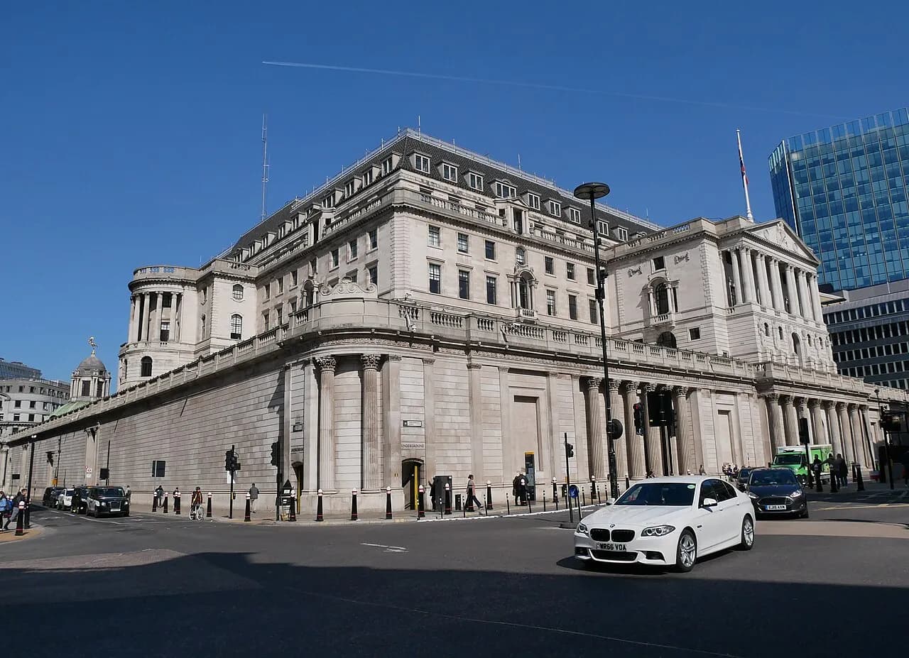 Bank of England building in the City of London, viewed from the southwest