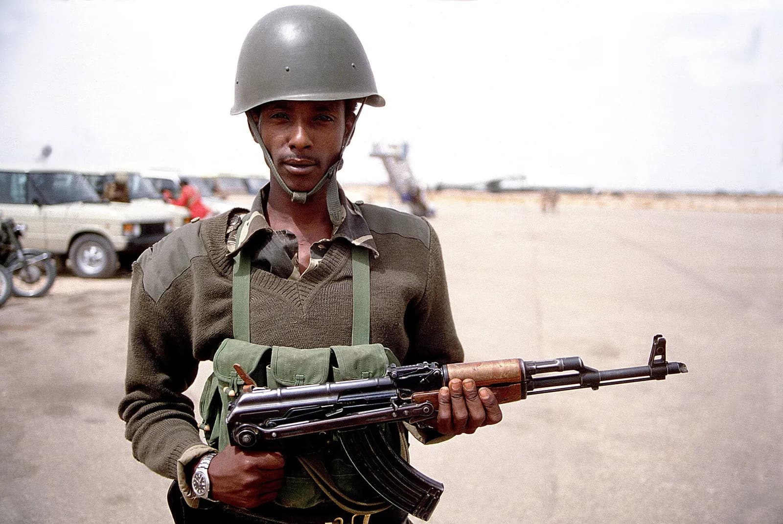 A Somali National Army soldier holding an AKM rifle during Exercise BRIGHT STAR ’83.