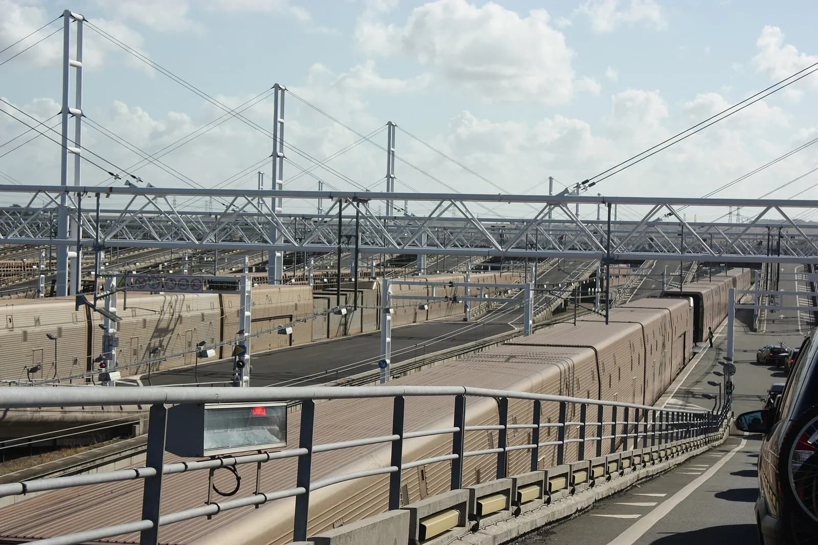 A Channel Tunnel vehicle shuttle at the Coquelles Terminal.