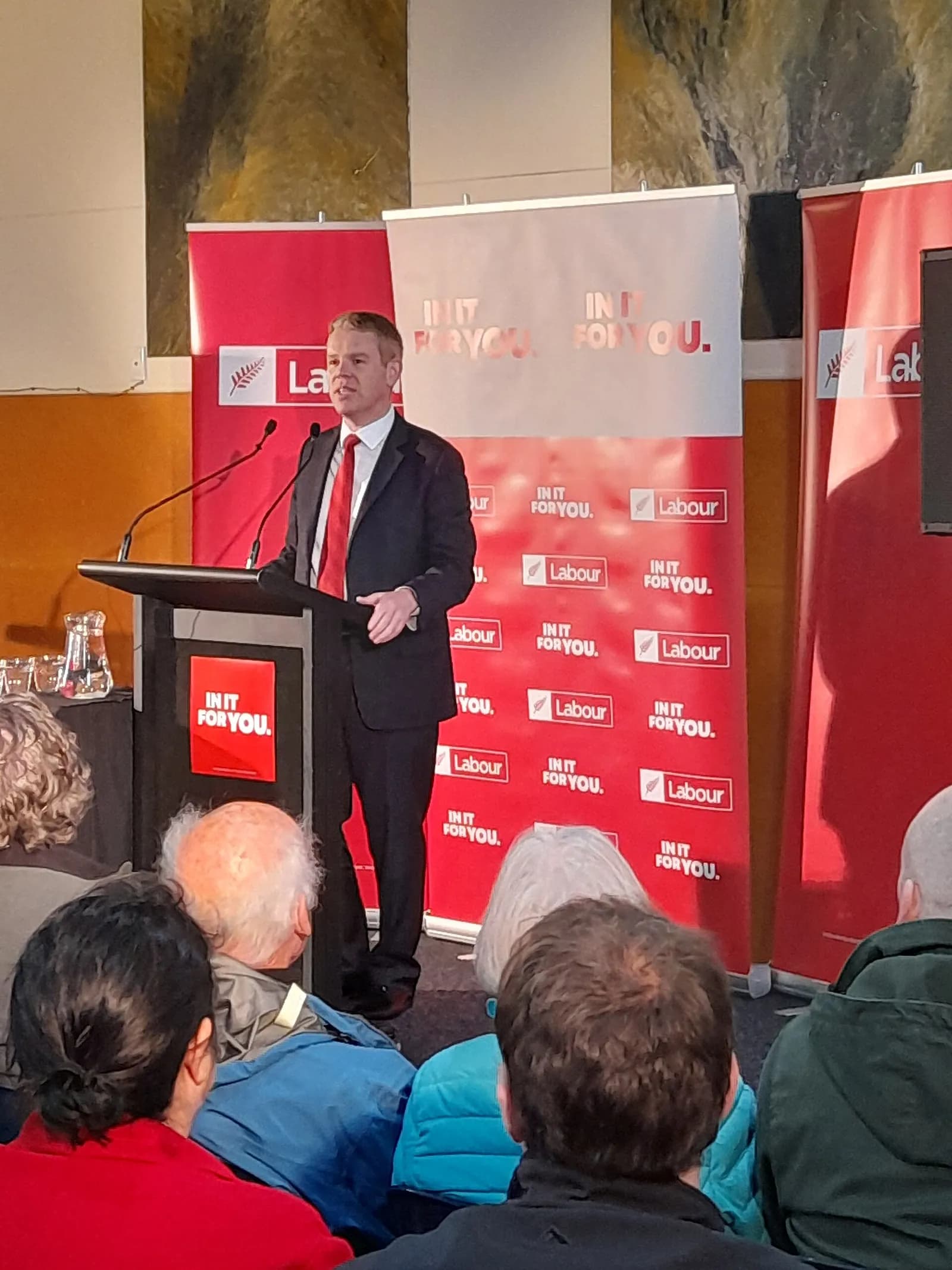Chris Hipkins speaking at a Labour Party election event.
