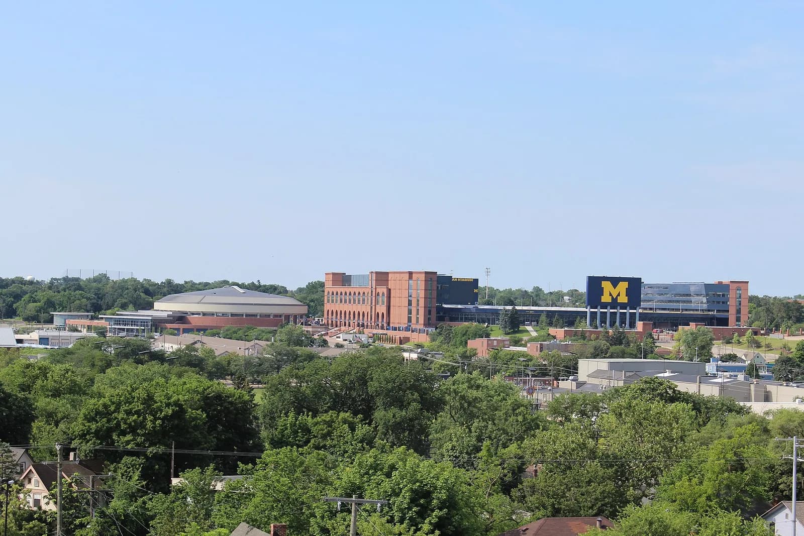 Aerial view of Michigan Stadium and Crisler Arena in Ann Arbor.