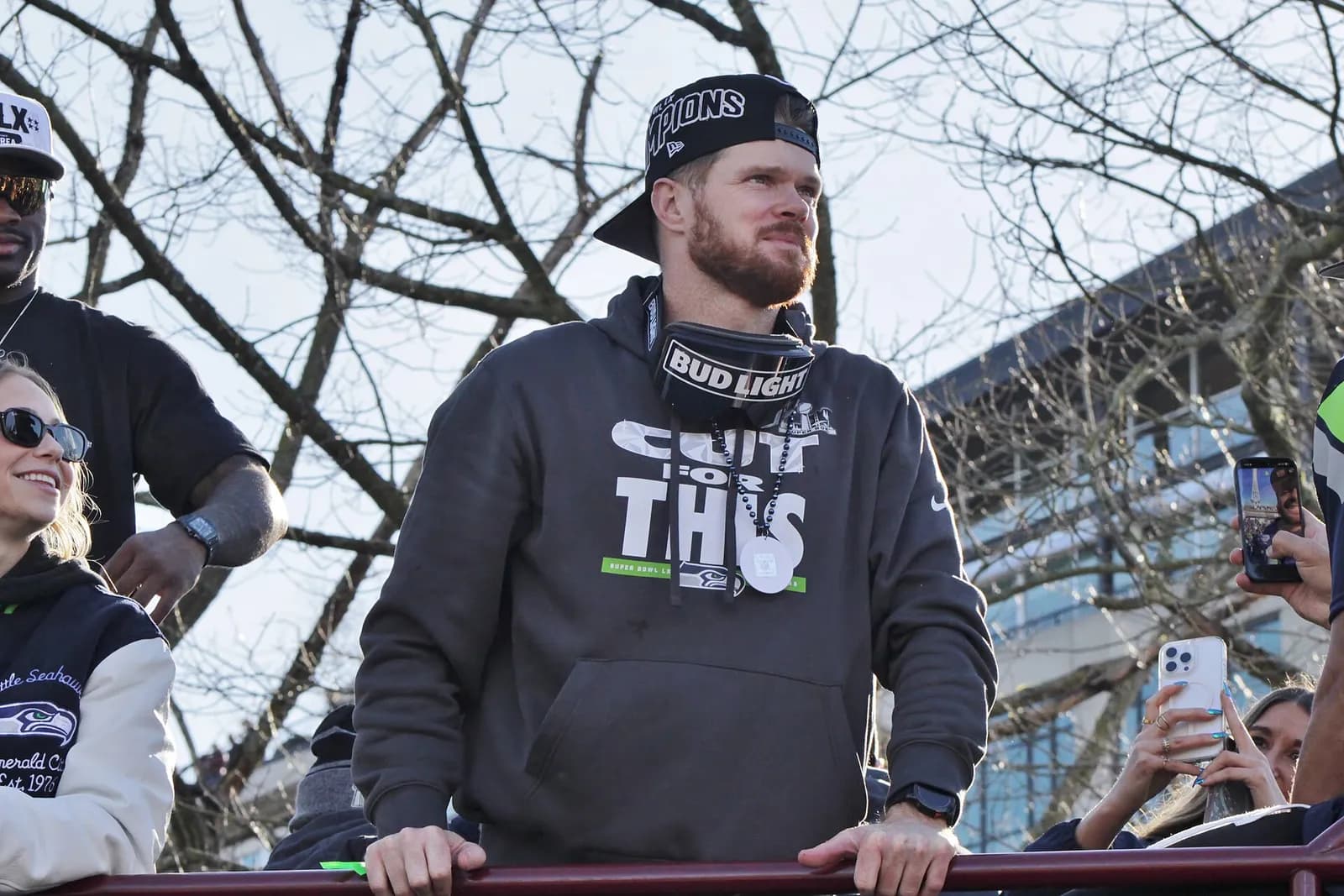 Seattle Seahawks quarterback Sam Darnold at the team’s victory parade in Seattle.