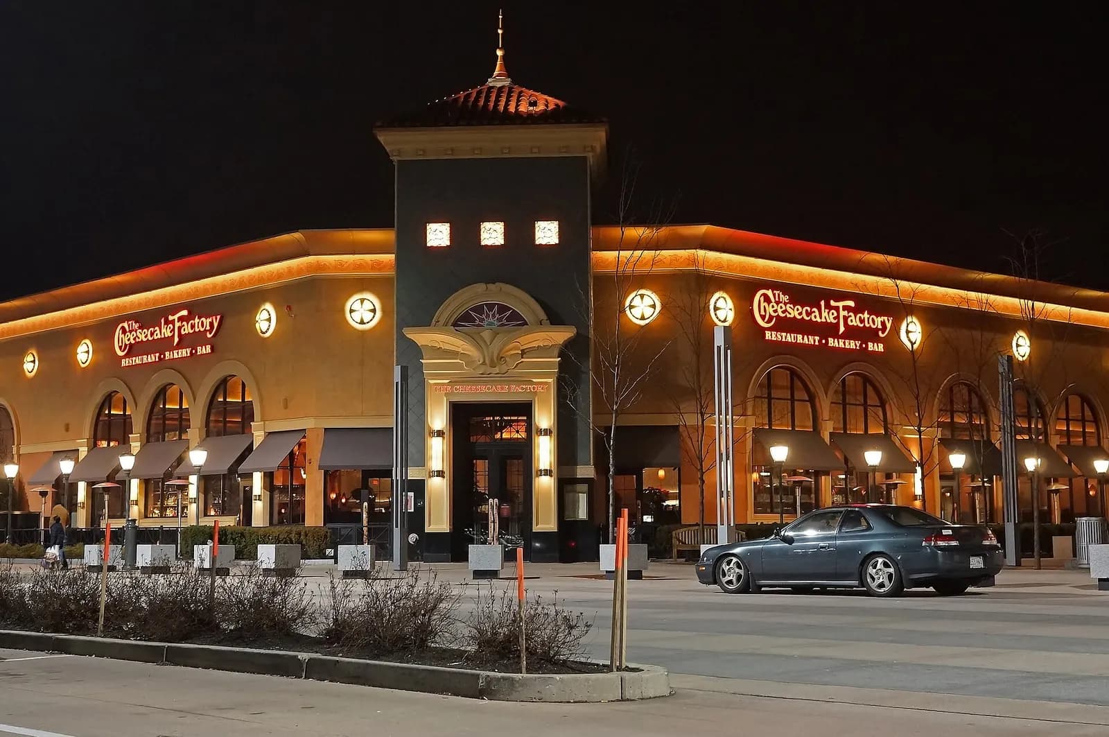 The Cheesecake Factory restaurant at North Shore Mall in Peabody, Massachusetts, at night.