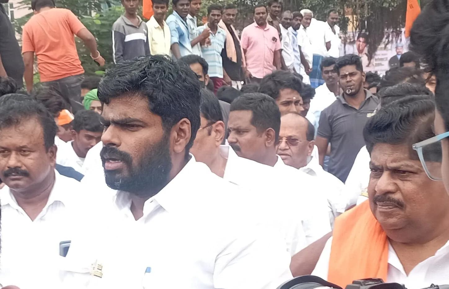 K. Annamalai and K.P. Ramalingam during a political march in Omalur, Salem district.