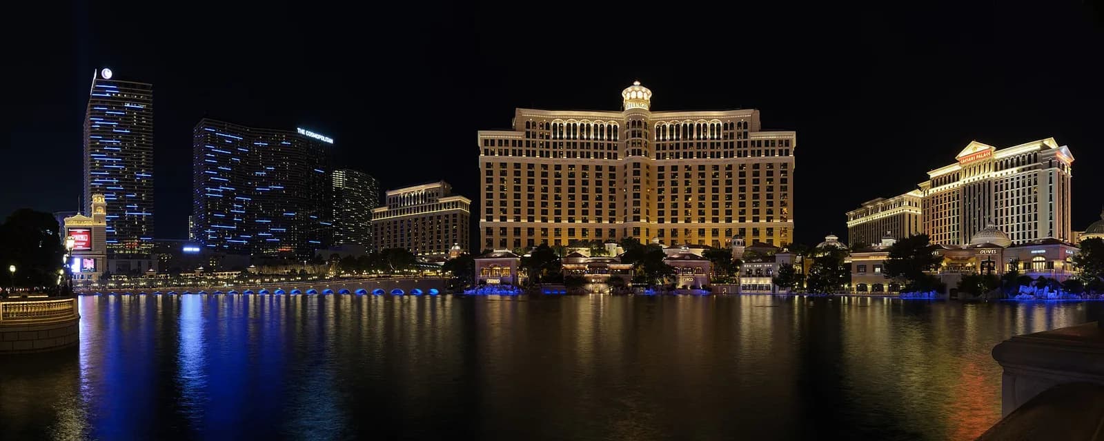 Panorama of hotels along the Las Vegas Strip, including the Bellagio, viewed across the Bellagio fountains.