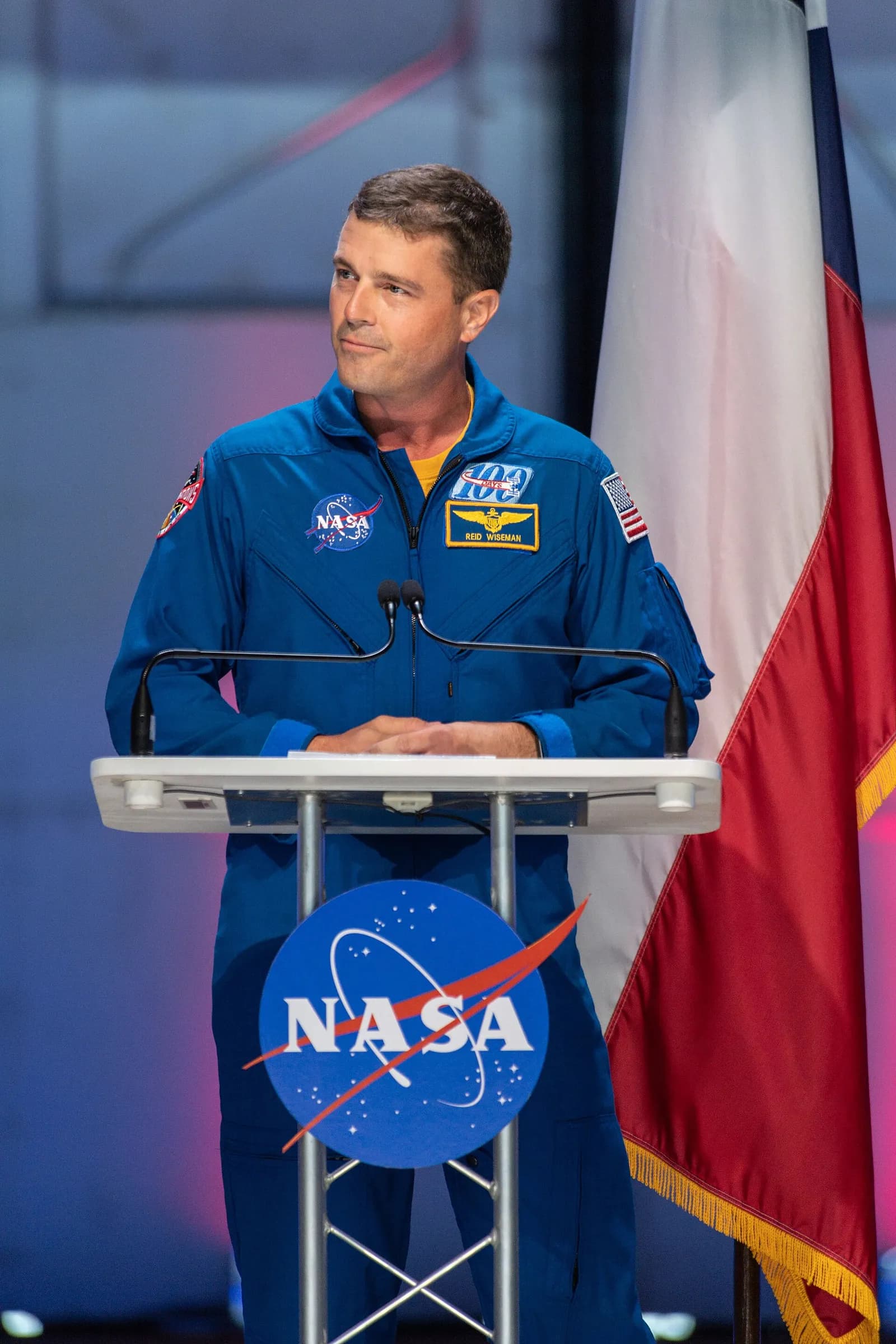 Reid Wiseman at a NASA astronaut candidate announcement at Ellington Field in 2021.