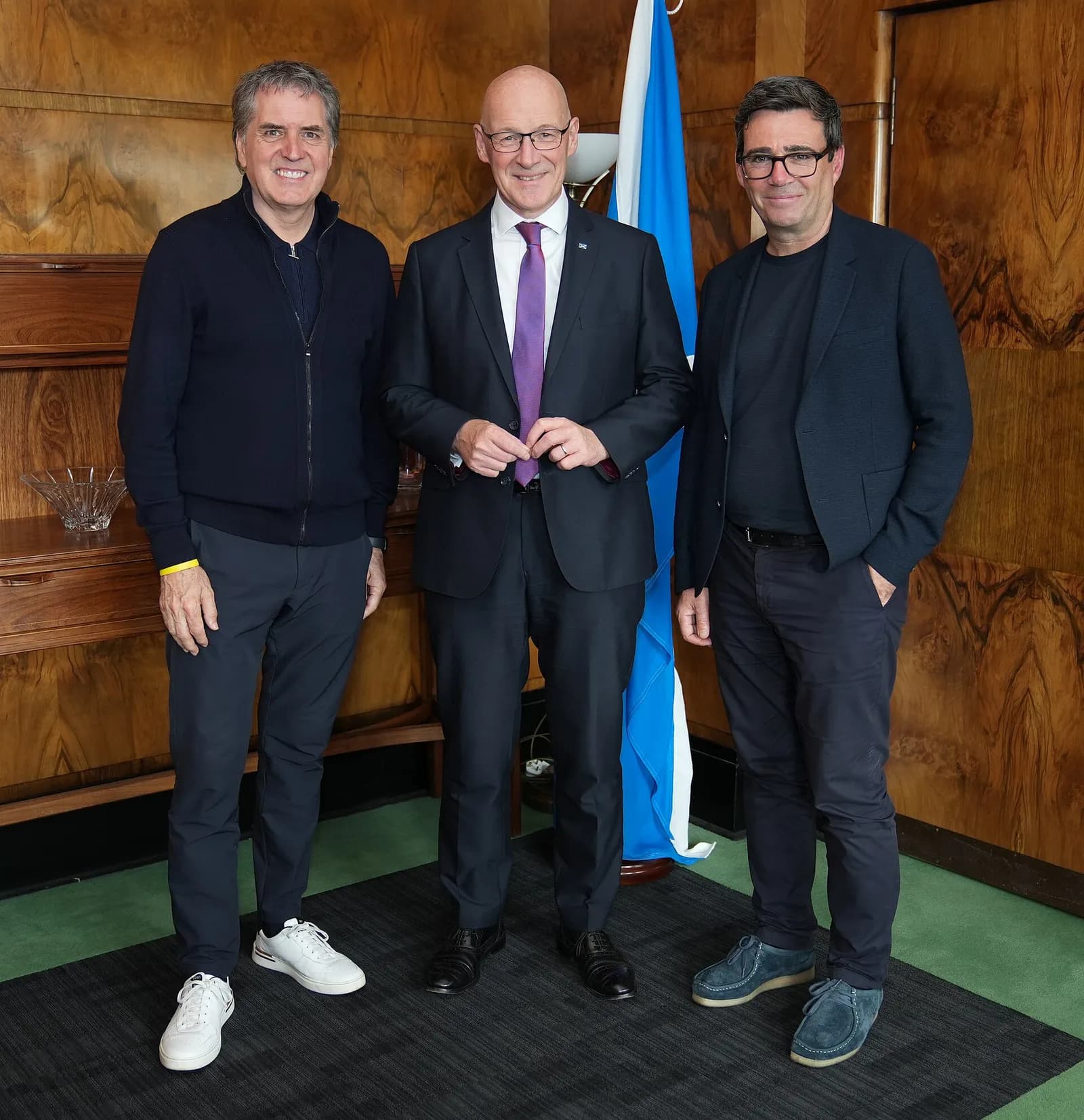 Andy Burnham, John Swinney and Steve Rotheram at St Andrew's House in Edinburgh.