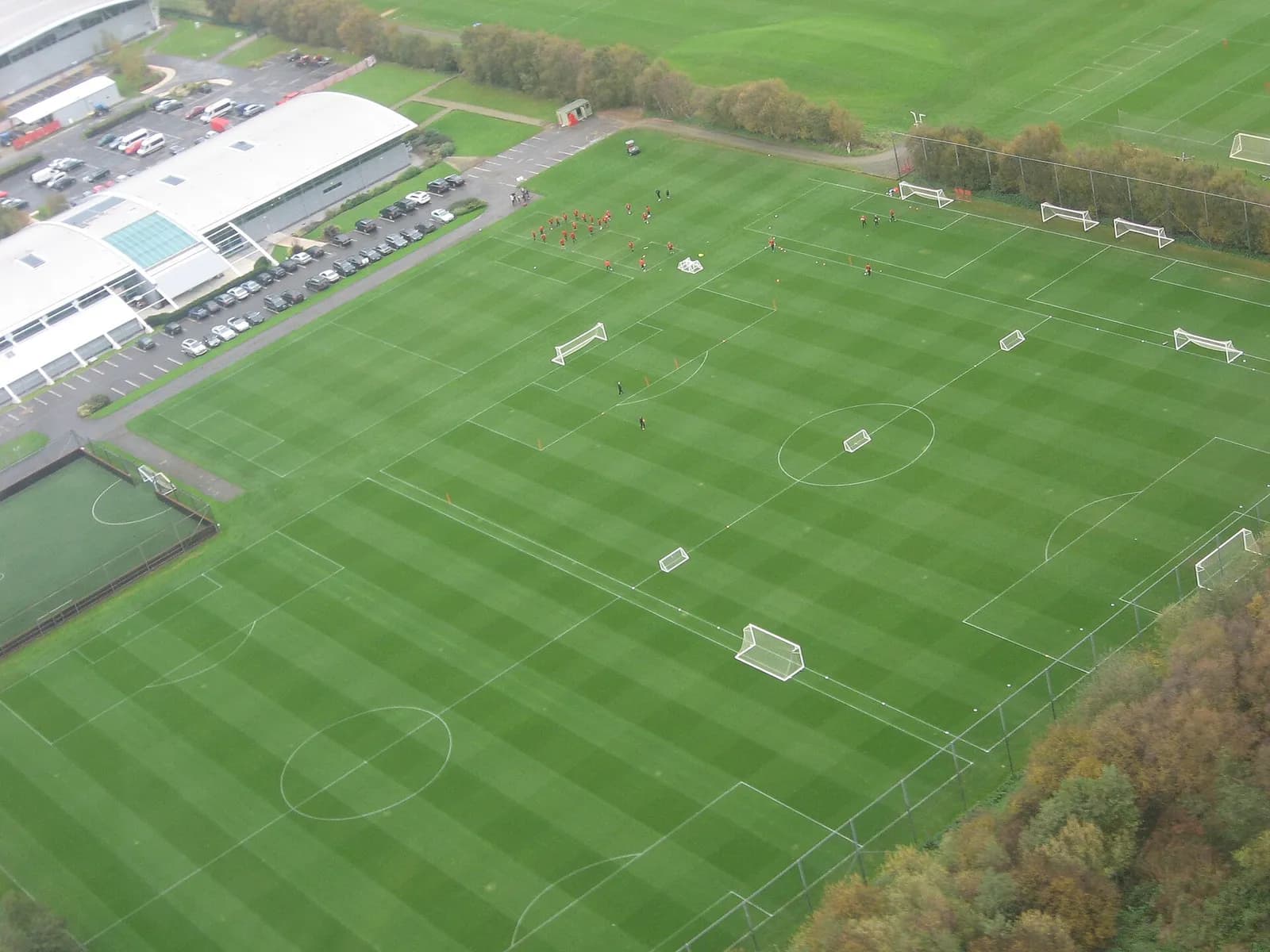 Aerial view of Manchester United’s Carrington training ground, with the first team training on the pitches.