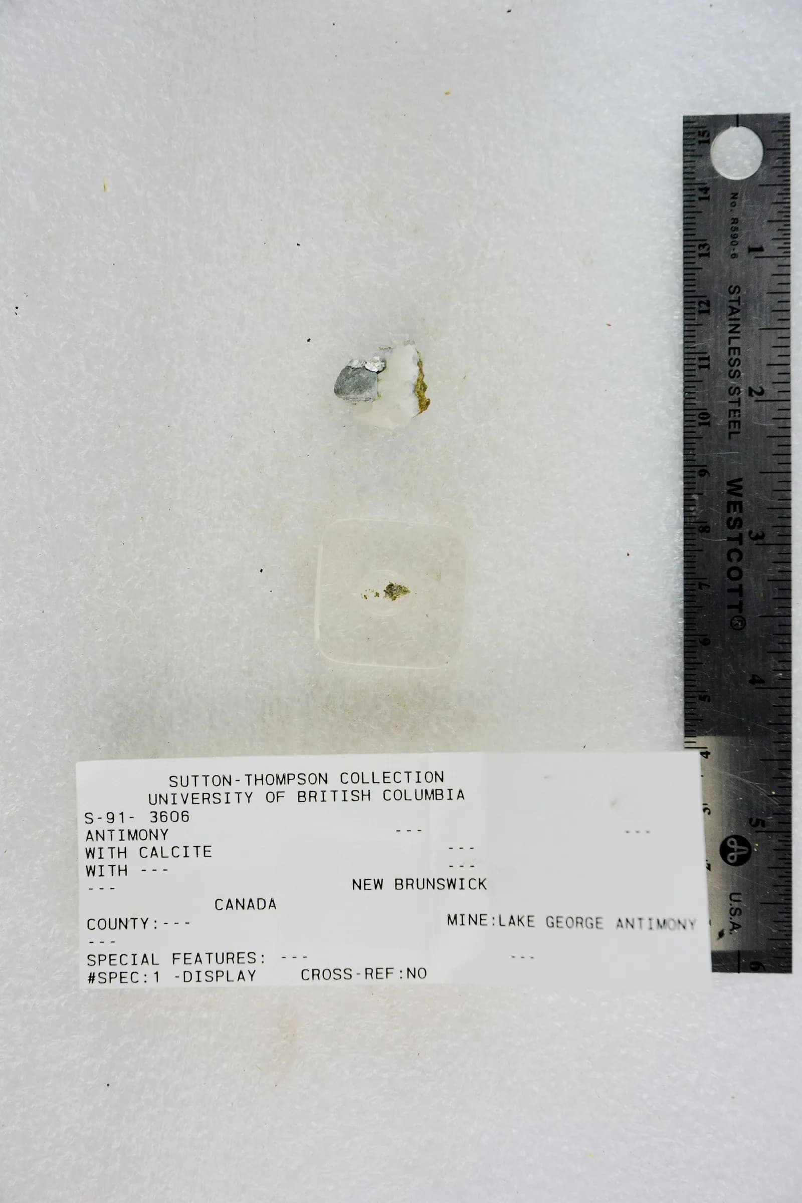Antimony with calcite from the Lake George Antimony Mine in Fredericton, New Brunswick.