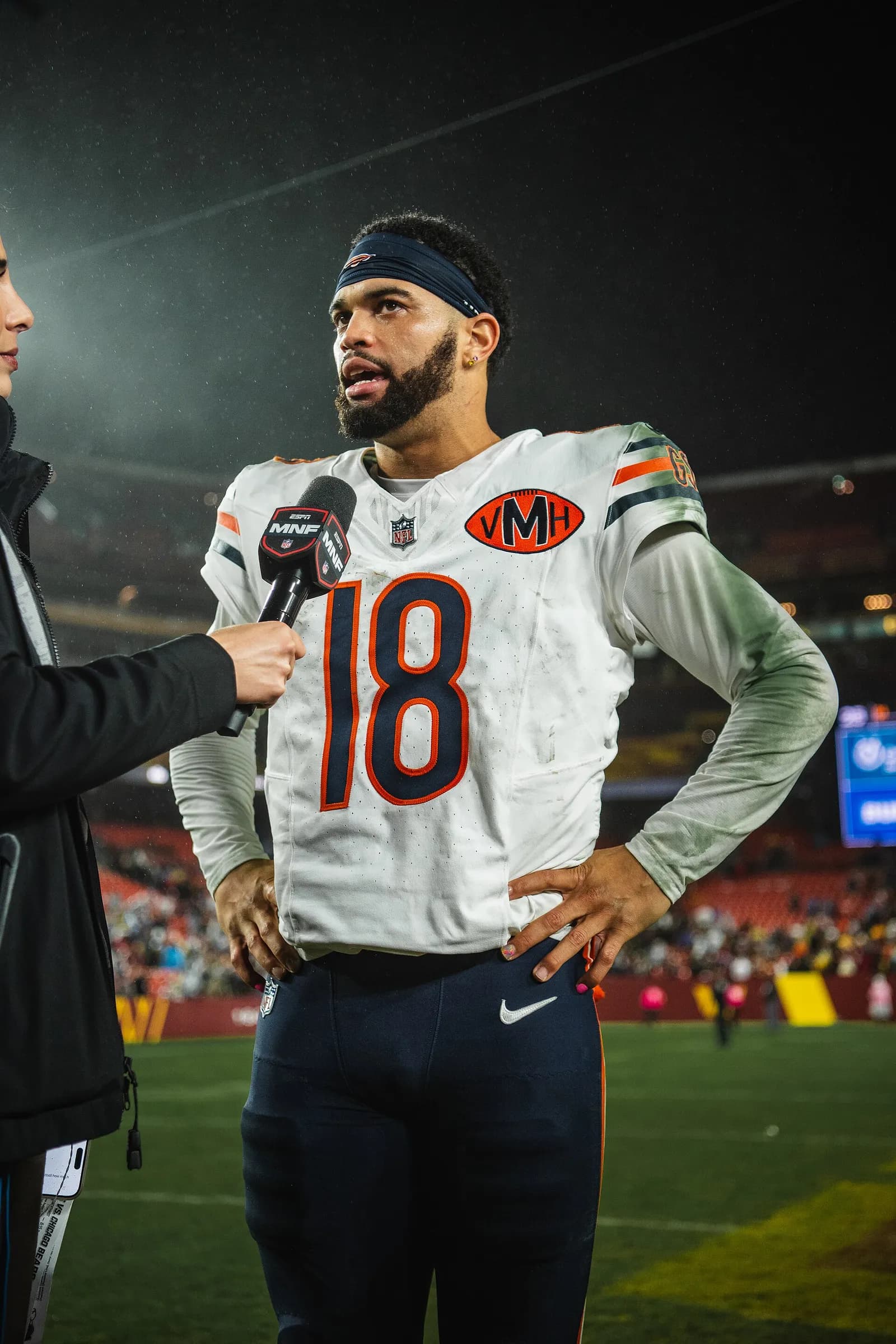 Caleb Williams, wearing a Chicago Bears uniform, during a game-week event in Landover, Maryland.