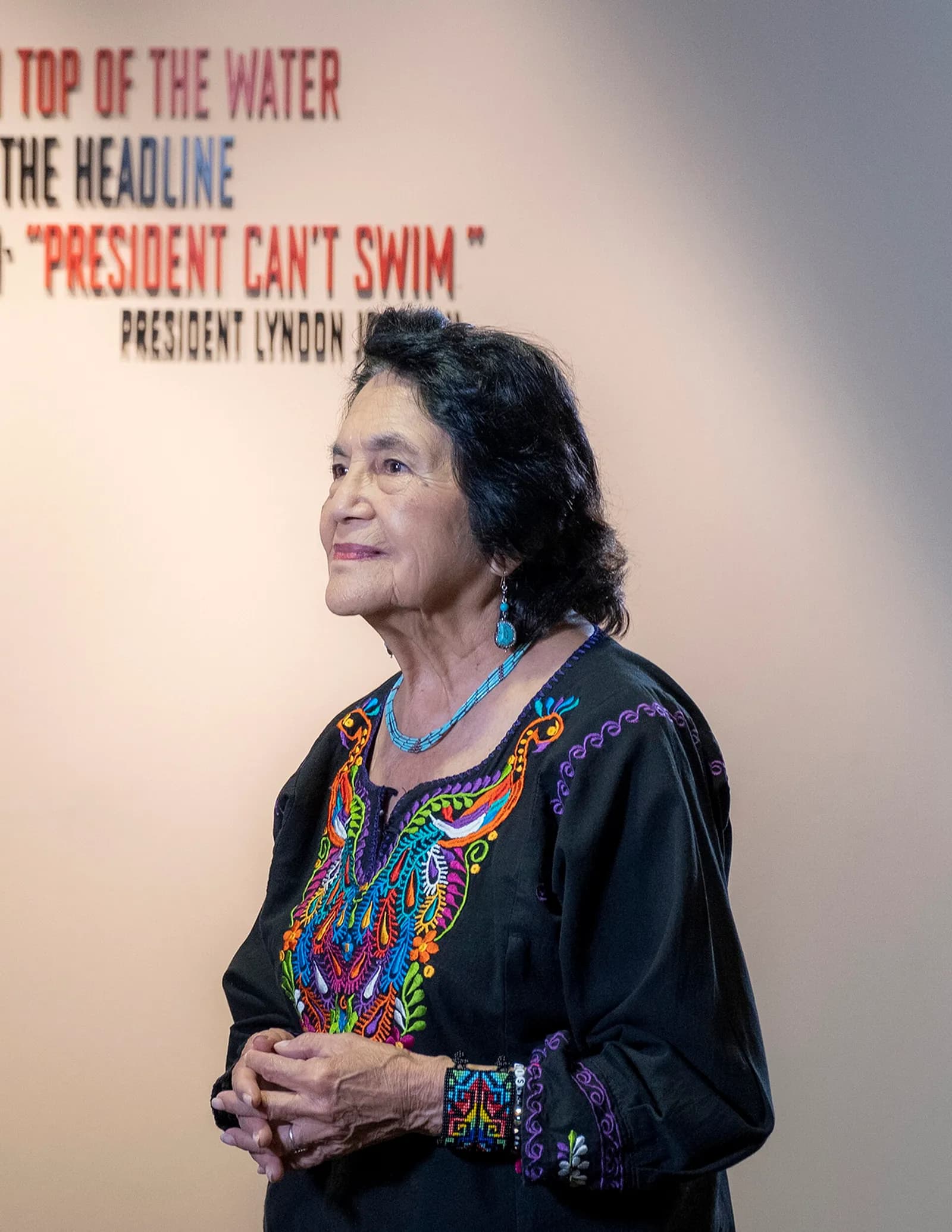 Dolores Huerta speaking at the LBJ Presidential Library in Austin.