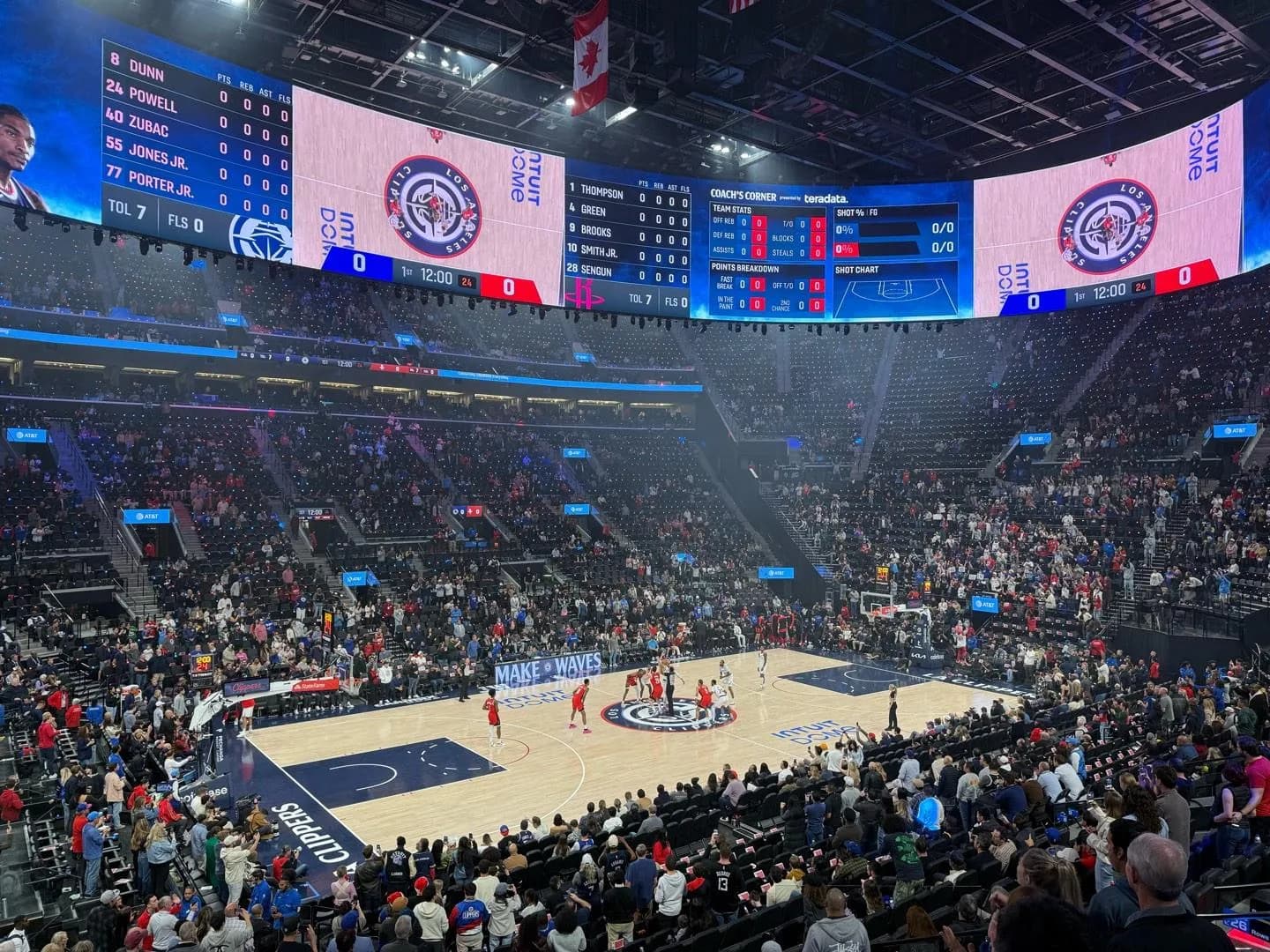 View inside Intuit Dome during a Los Angeles Clippers and Houston Rockets game.