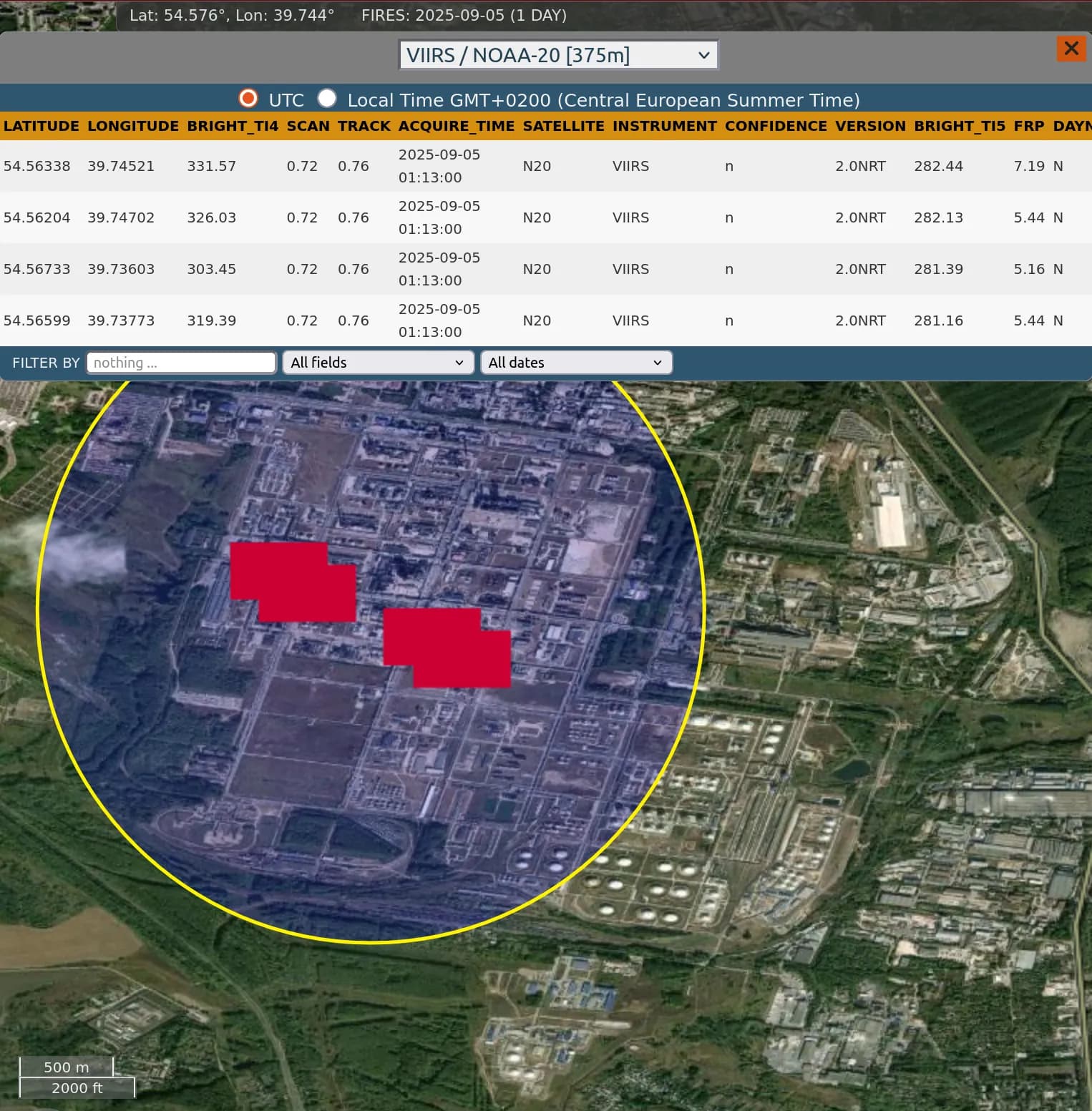 NASA FIRMS satellite map showing fire detections at the Ryazan oil refinery.
