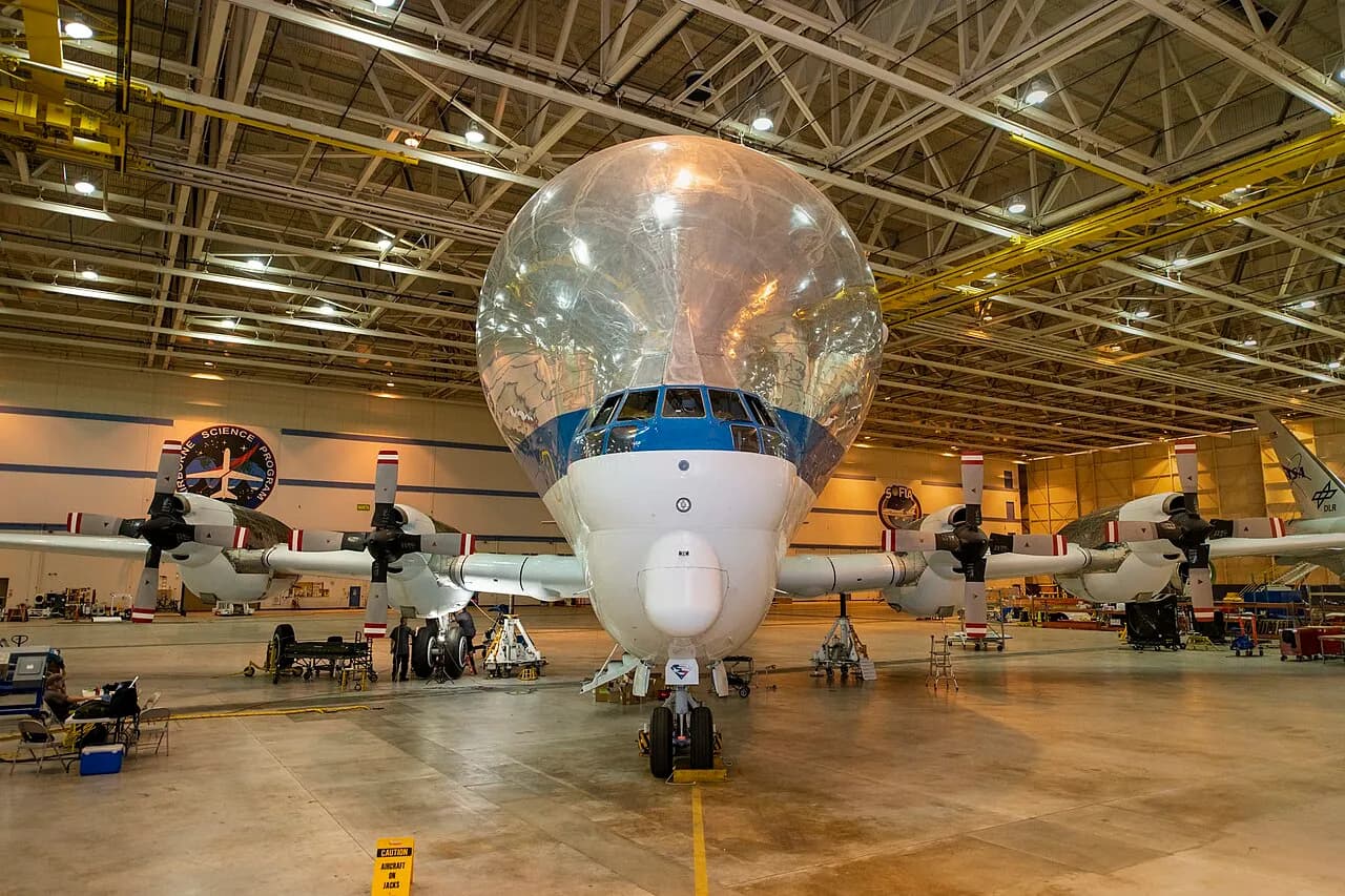 NASA Super Guppy cargo aircraft inside a hangar at Armstrong Flight Research Center