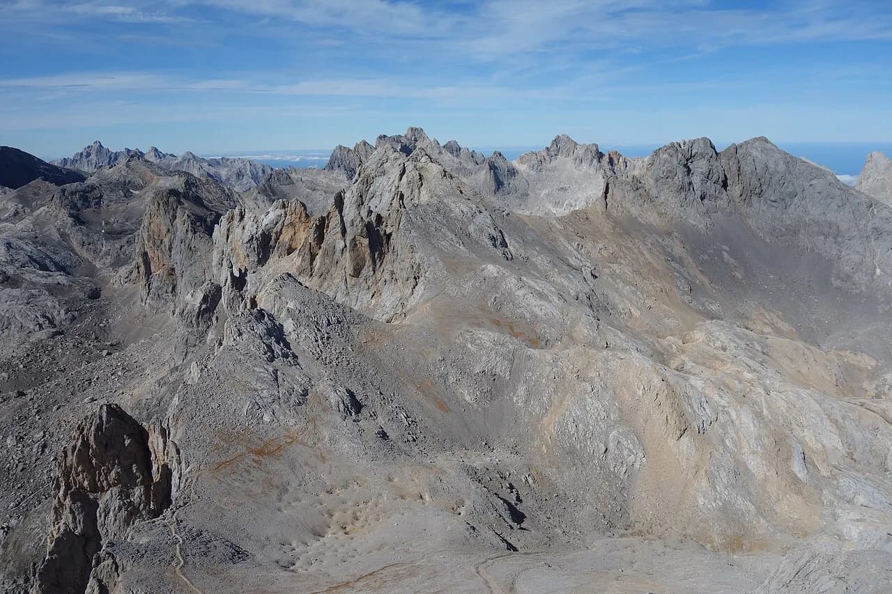 Mountain landscape in the Picos de Europa, with Torre de Cerredo in the middle, viewed from Peña Vieja.