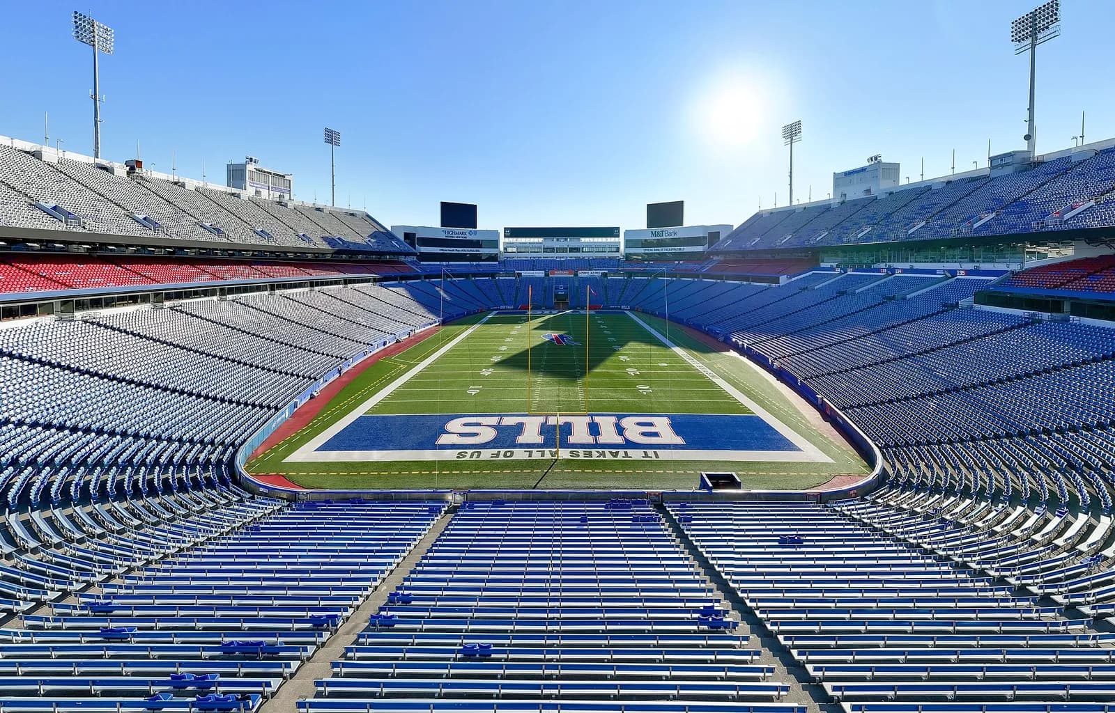 Wide-angle view of the empty Highmark Stadium interior in Orchard Park, New York.