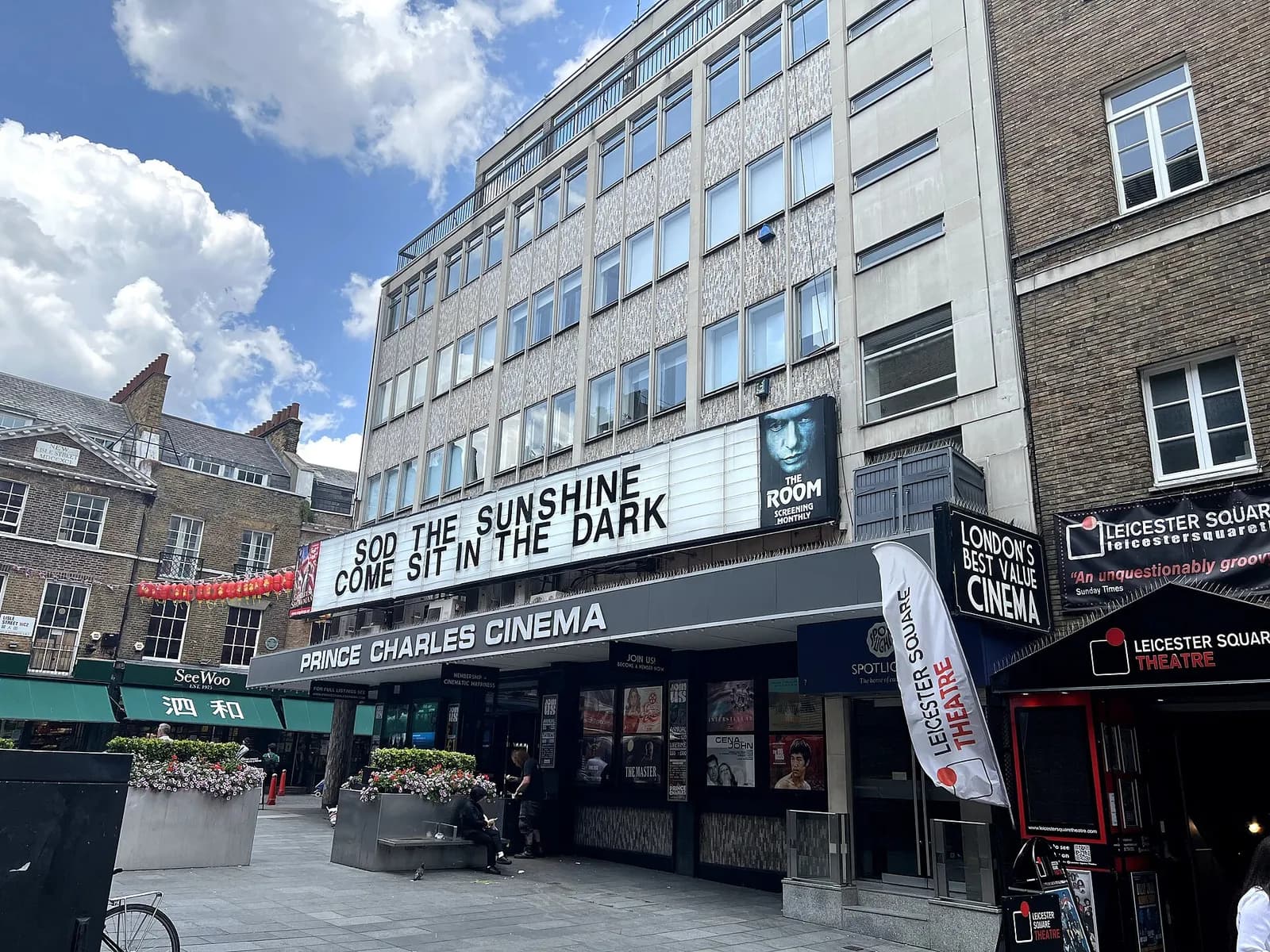 The Prince Charles Cinema frontage, with its marquee and the building above it.