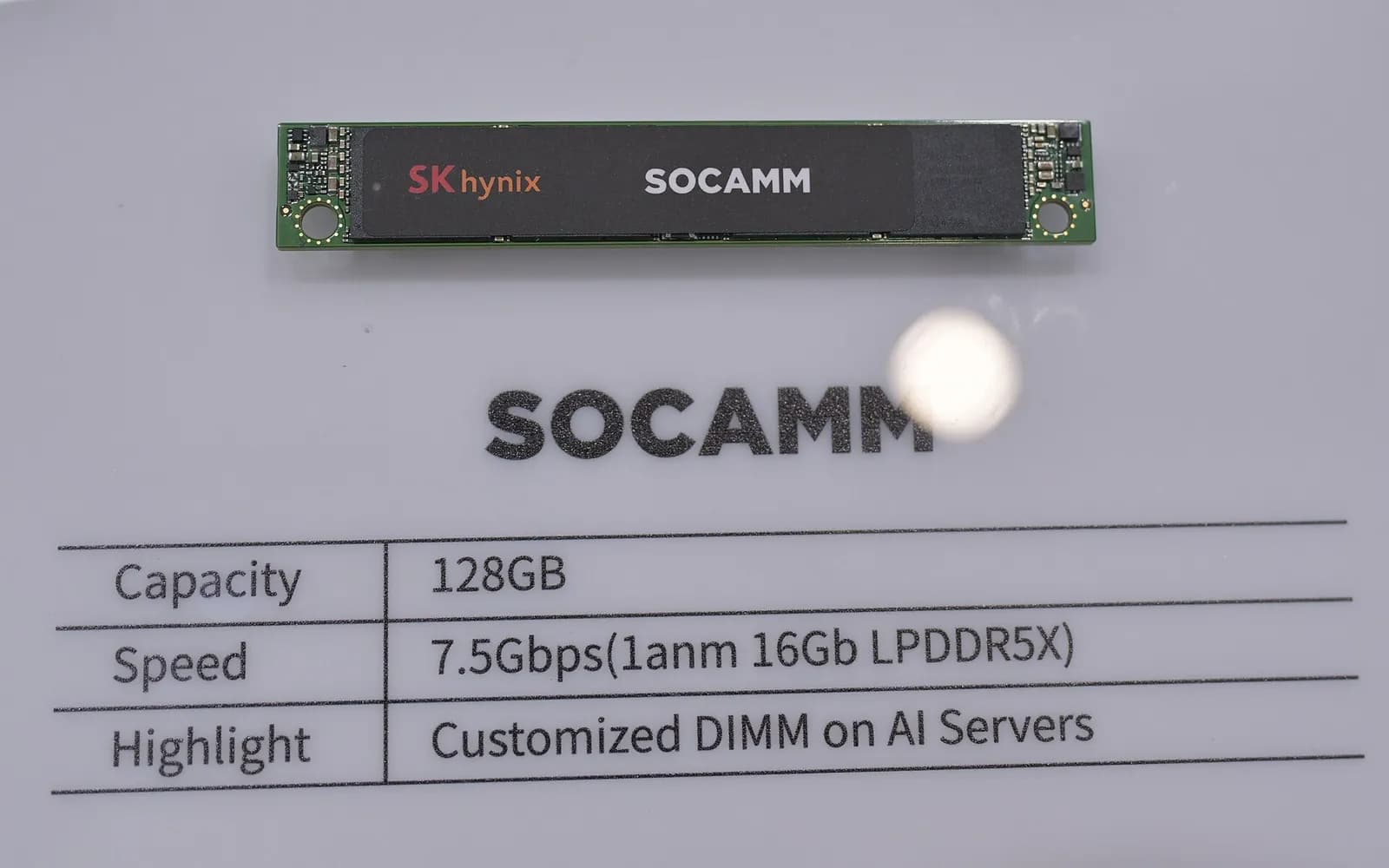 An SK hynix SOCAMM memory module displayed at Computex 2025.