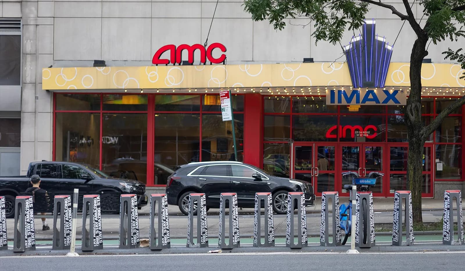 The AMC Kips Bay 15 theater on Second Avenue, seen behind a Citi Bike docking station.