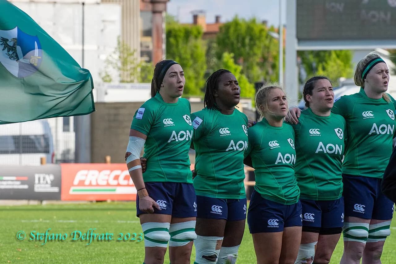 Five Ireland women's rugby players during a match against Italy in 2023