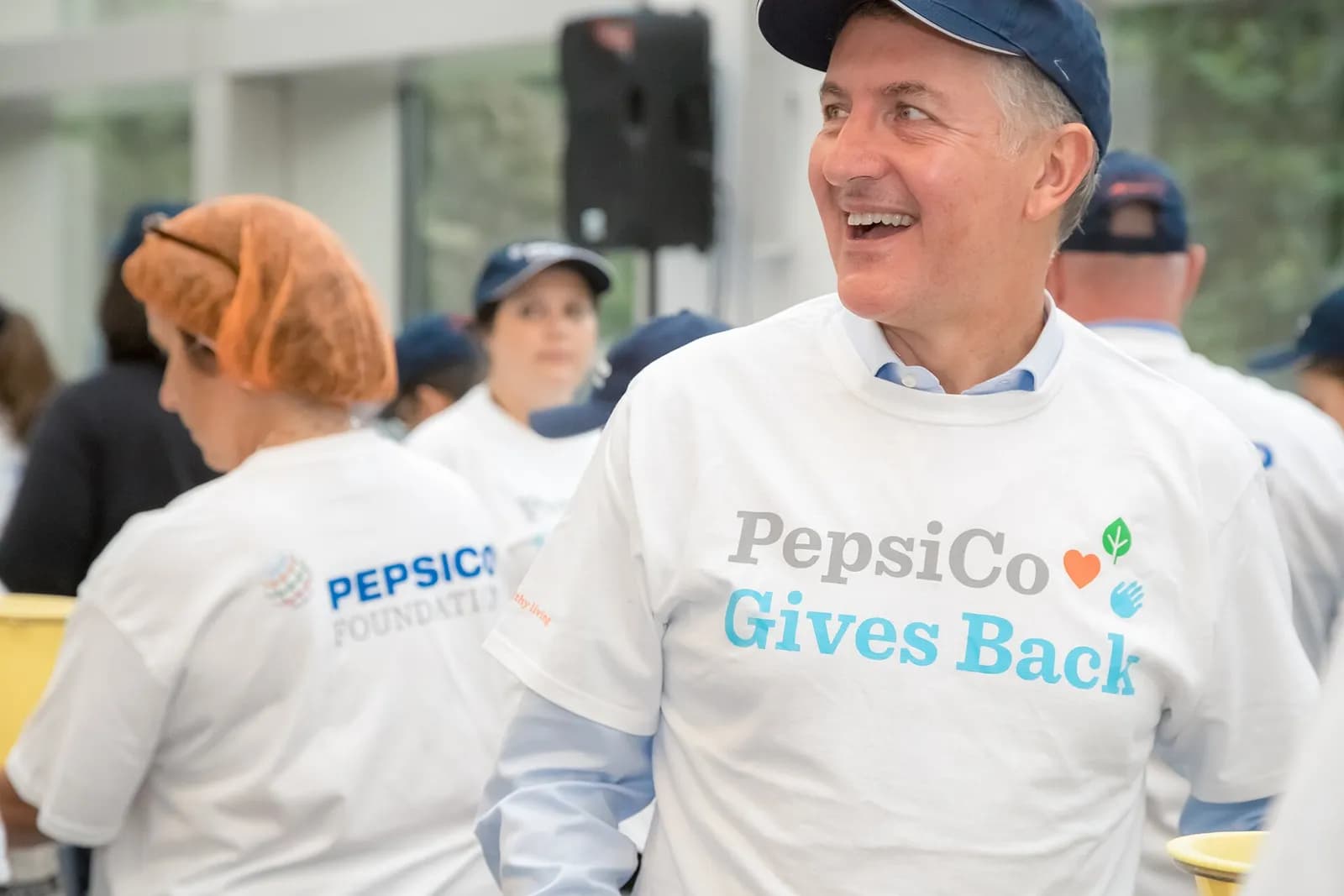 PepsiCo CEO Ramon Laguarta wearing a PepsiCo Gives Back T-shirt.