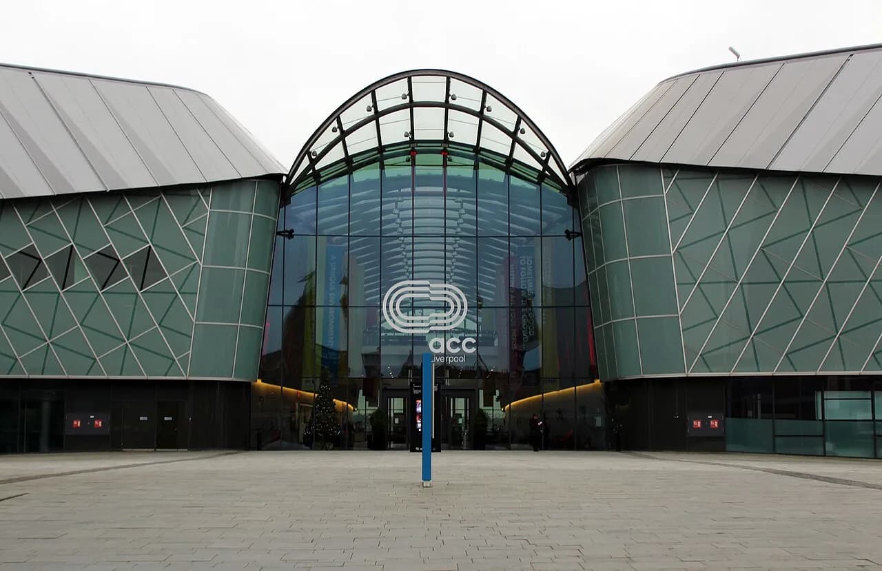 Entrance to ACC Liverpool, with the conference centre on the left and arena on the right