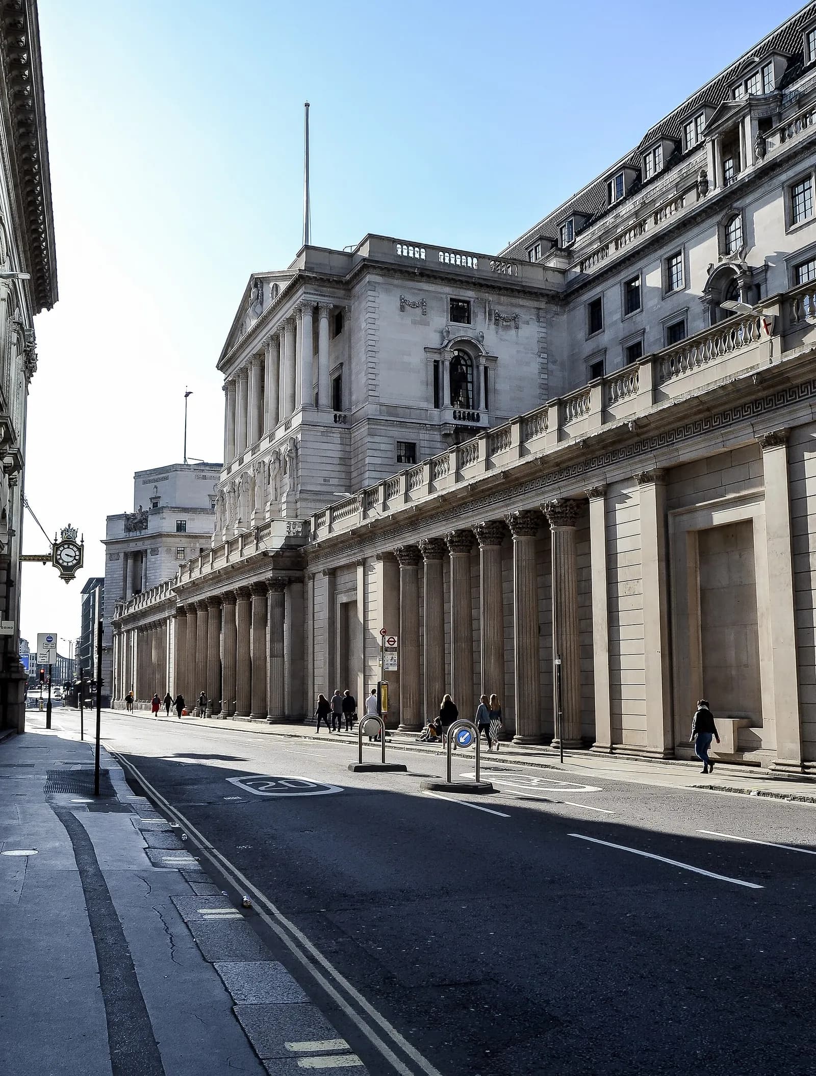 Exterior of the Bank of England building in London.