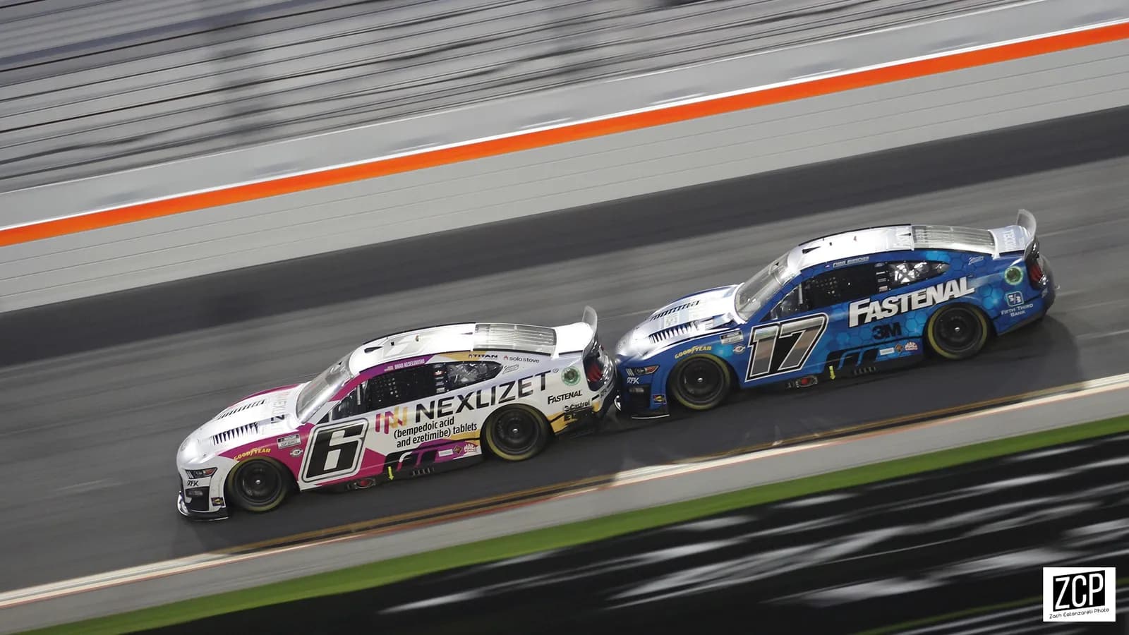 Brad Keselowski’s No. 6 Ford and Chris Buescher’s No. 17 Ford on track at the 2023 Daytona 500.