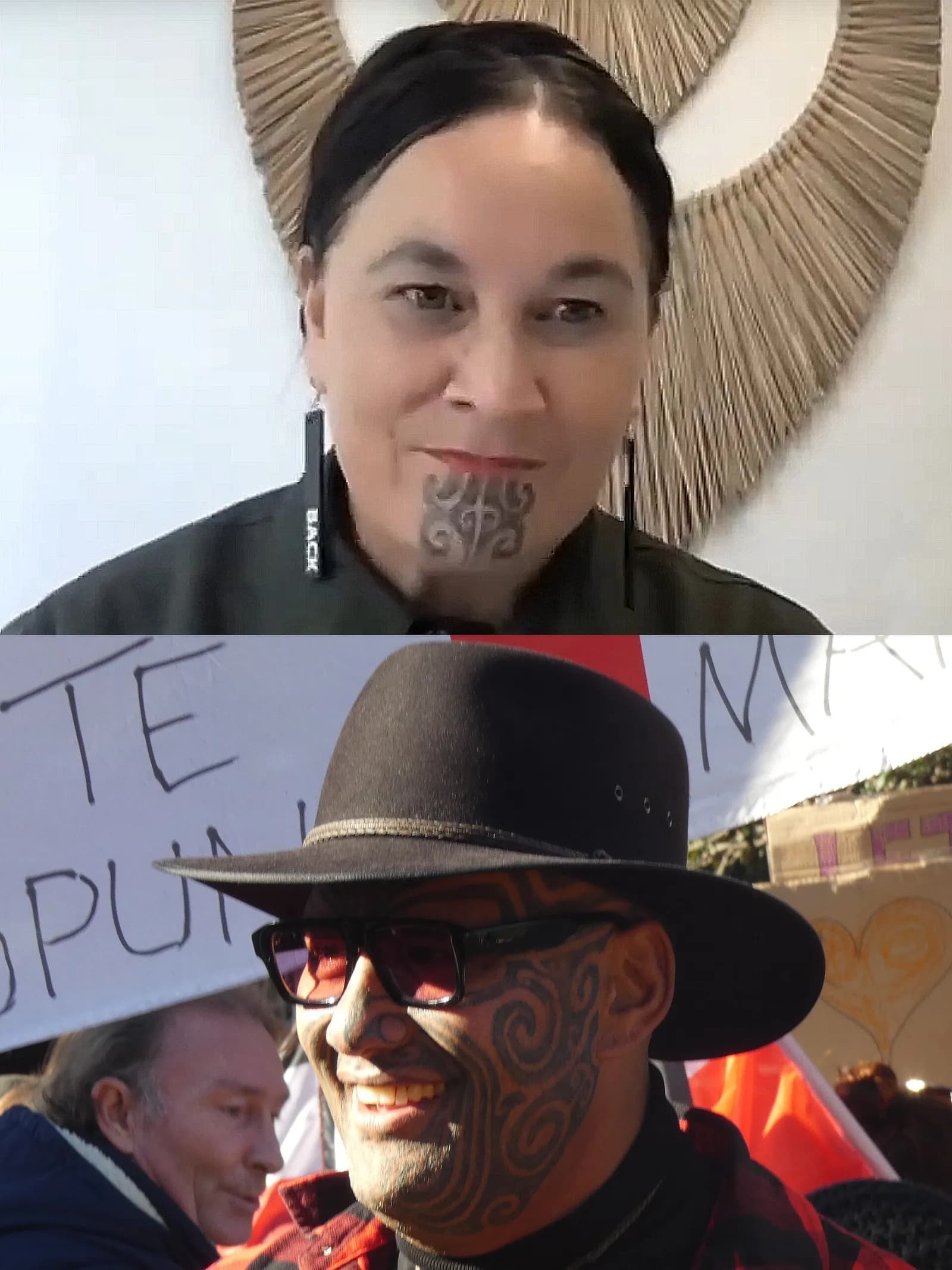 Composite showing Debbie Ngarewa-Packer in a video call above Rawiri Waititi outdoors wearing a hat and sunglasses.