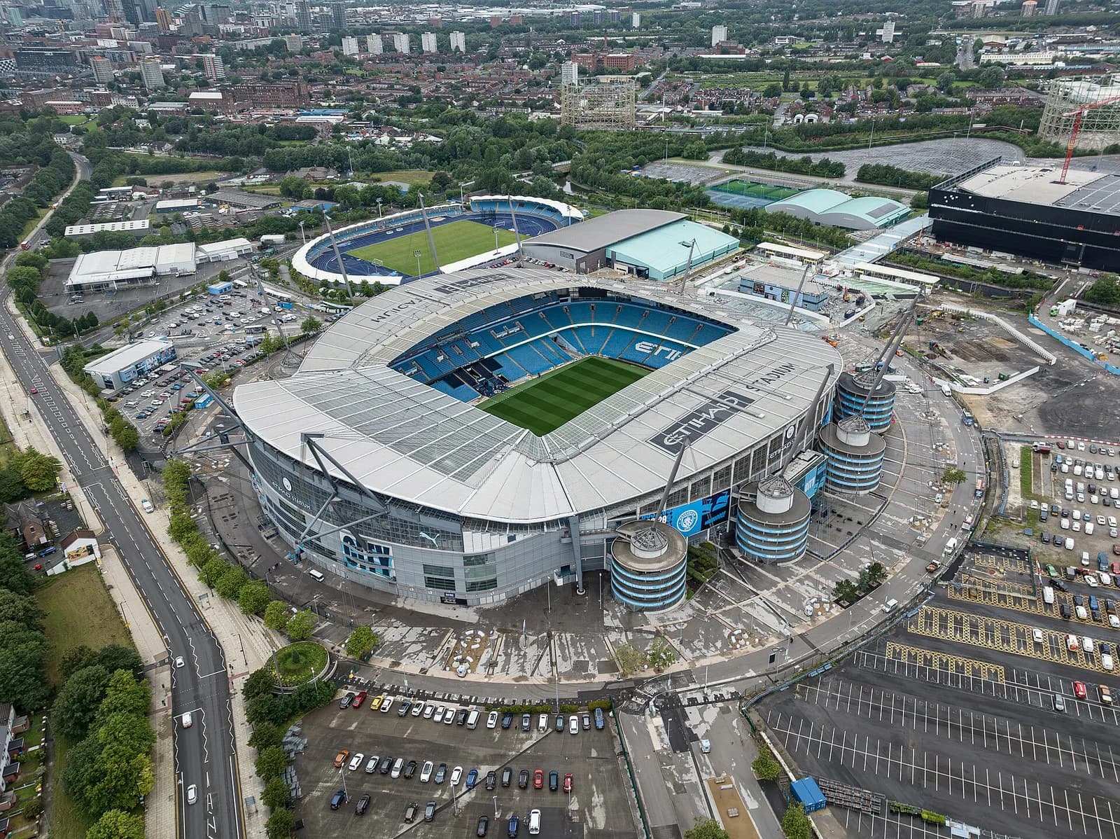 Exterior view of Manchester City’s Etihad Stadium in Manchester.